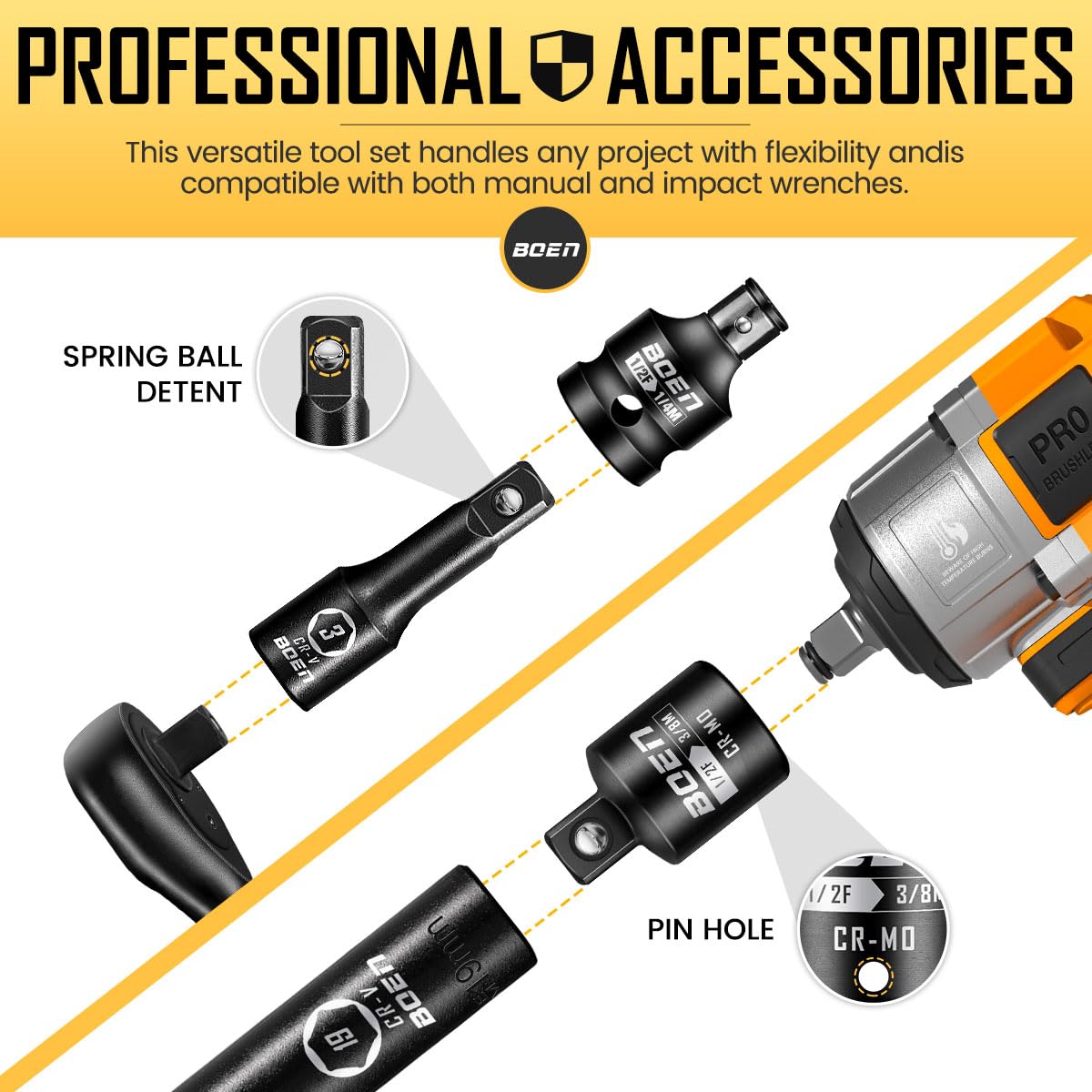 Boen 21 Piece 1/4" & 3/8" & 1/2" Drive Tool Accessory Set, Includes Socket Adapters, Extension Bars, Swivel Universal Joints, Impact Coupler and 1/4" Hex Shank