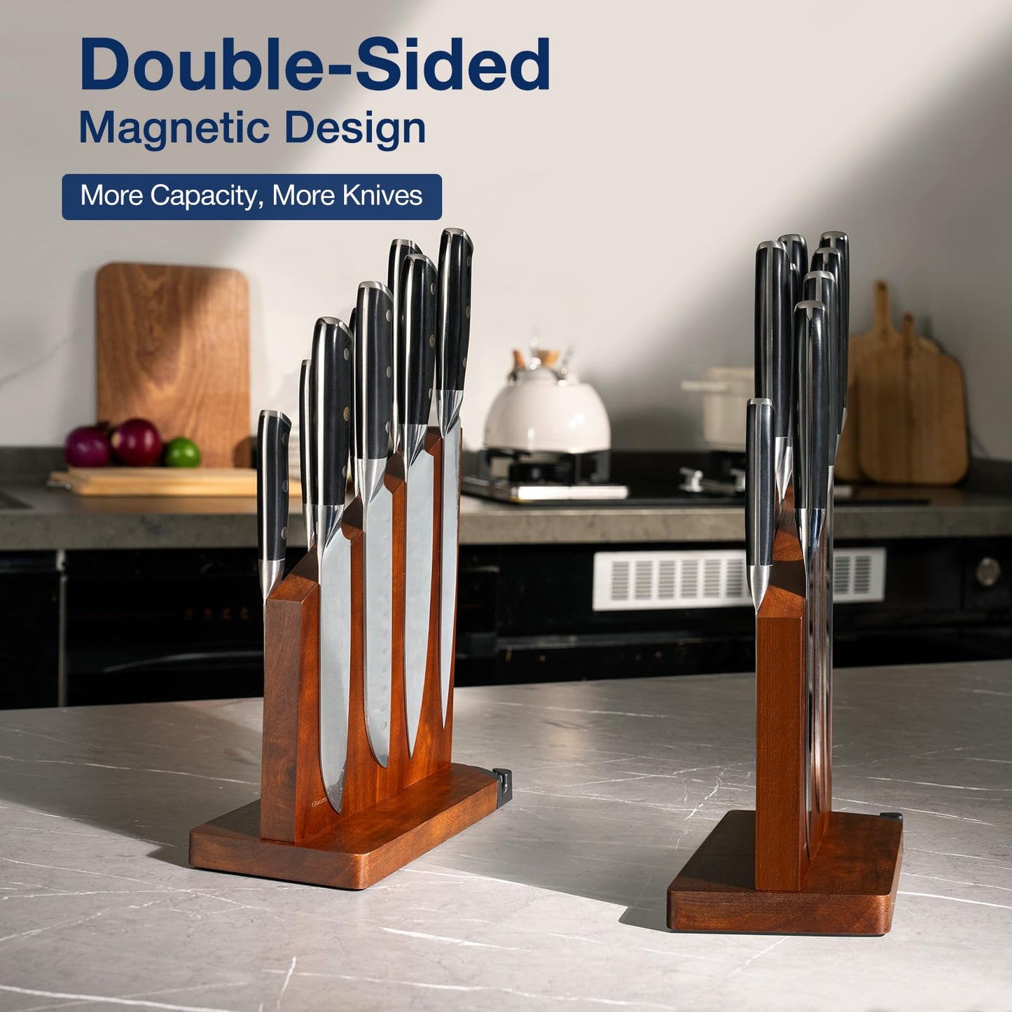 Gourmetop Magnetic Knife Block, Magnetic Knife Holder with Built-in Sharpener, 100% Acacia Wood Magnetic Knife Block Without Knives, Double-Sided Magnetic Knife Holder for Countertop, Dark Wood