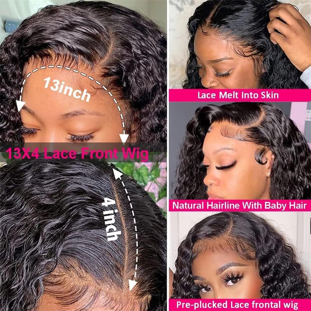 Water Wave Lace Front Wigs Human Hair Wigs for Women 14 Inch 13x4 HD Lace Frontal Wigs Human Hair Pre Plucked 150% Density Wet and Wavy Curly Lace Front Wigs Human Hair Natural Color
