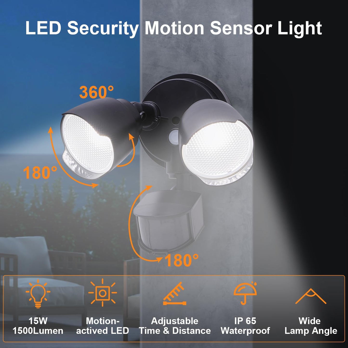 CELAVY 15W 1500 Lumen LED Security Lights with Motion Sensor Outdoor, 3000K/5000K Light, IP65 Waterproof, Dusk to Dawn, Dual-Head Motion Detected Flood Wall Light for Garage Yard Porch (Black)