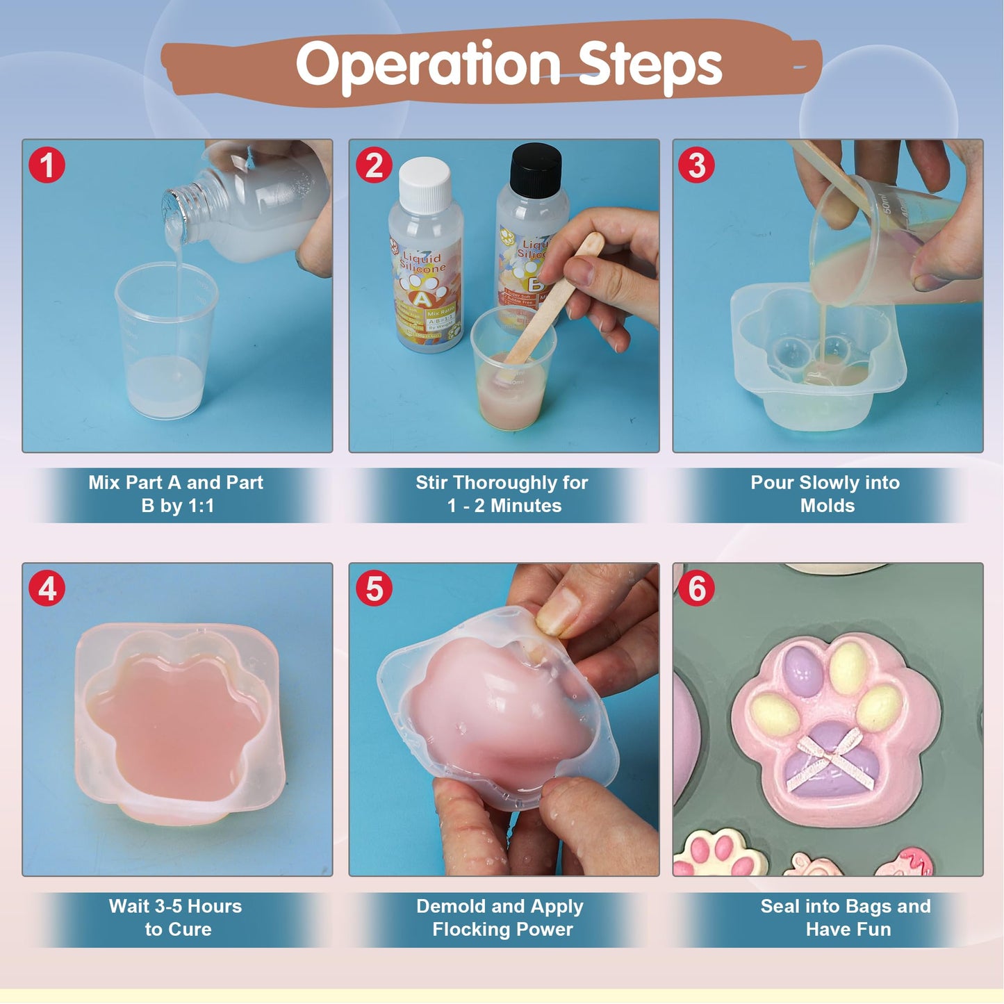Starry Taba Squishy Kit Set 500g Taba Squishy Making DIY Kit with 1:1 AB Liquid Silicone Faster Fully Cures Bubble Free with 6 Molds, Flocking Powder for Stress Relief Gift