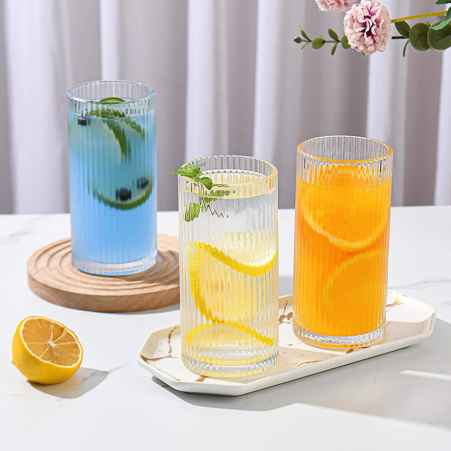 ZMOWIPDL Ribbed Glassware Vintage Drinking Glasses with Straws Set of 6,Clear Fluted Ripple Glass Cups 12oz,Ribbed Iced Coffee Cups for Cocktail, Whiskey, Beer, Juice, Water