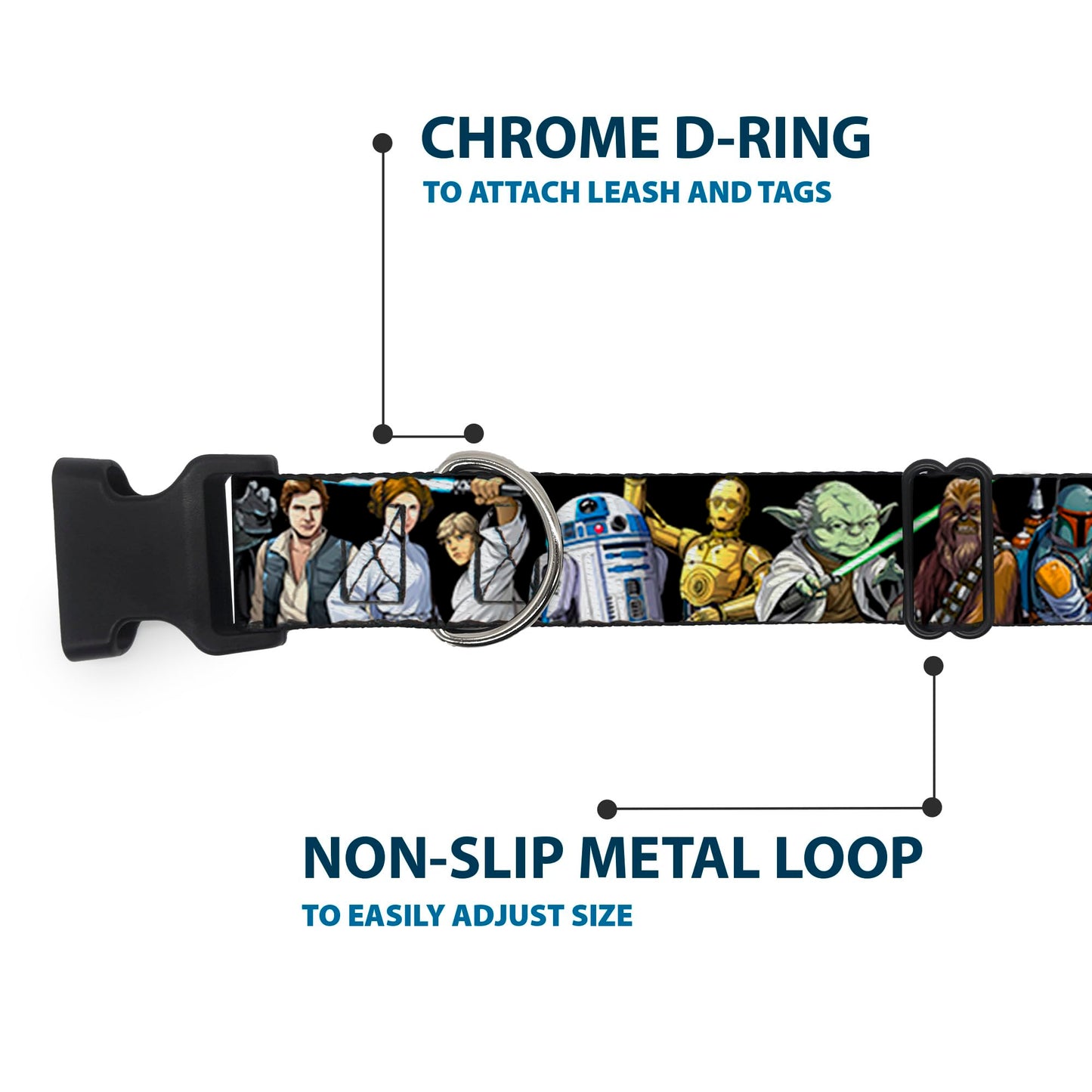 Star Wars Pet Collar, Dog Collar Plastic Buckle, Star Wars Classic Character Poses Black, 8.5 to 12 Inches 0.5 Inch Wide
