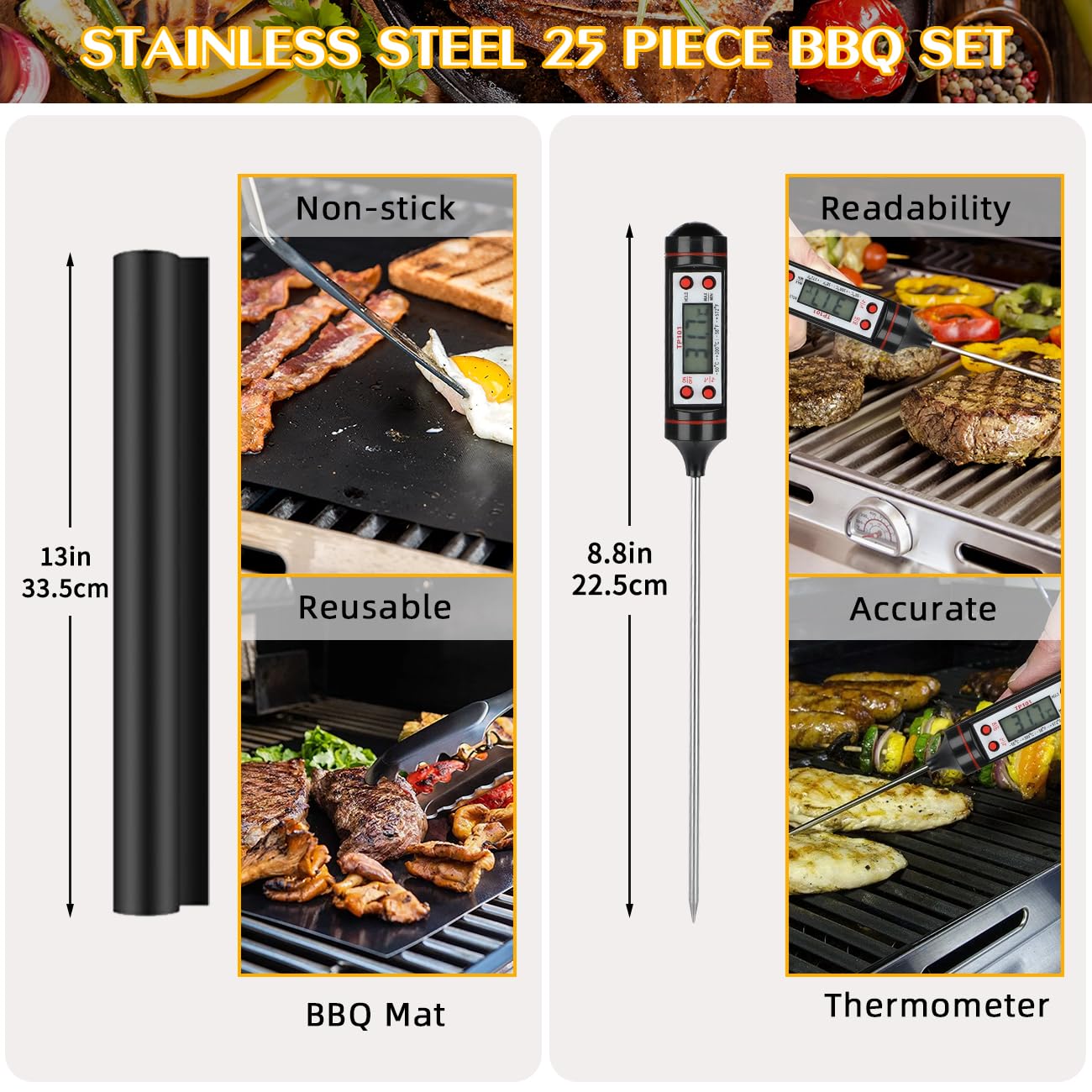 25 PCS BBQ Grill Accessories Tools Set, Stainless Steel Grilling Accessories Kit with Storage Case for Indoor & Outdoor Use, BBQ Utensils Set for Camping, Kitchen, Party, Backyard Barbecue (25 PCS)