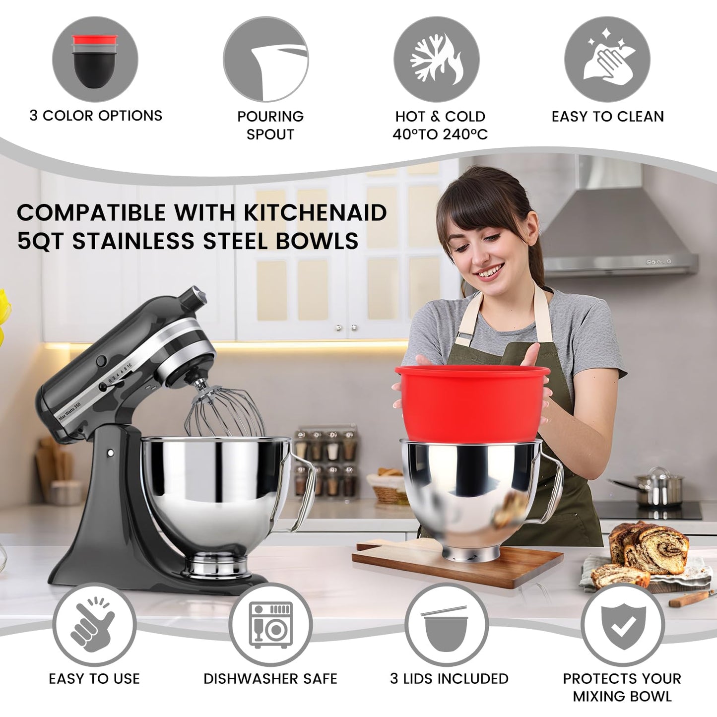 Silicone Mixing Bowl Liners Attachments Compatible with 5 Quart KitchenAid Mixers, Includes 3 Liners and Lids,Dishwasher Safe