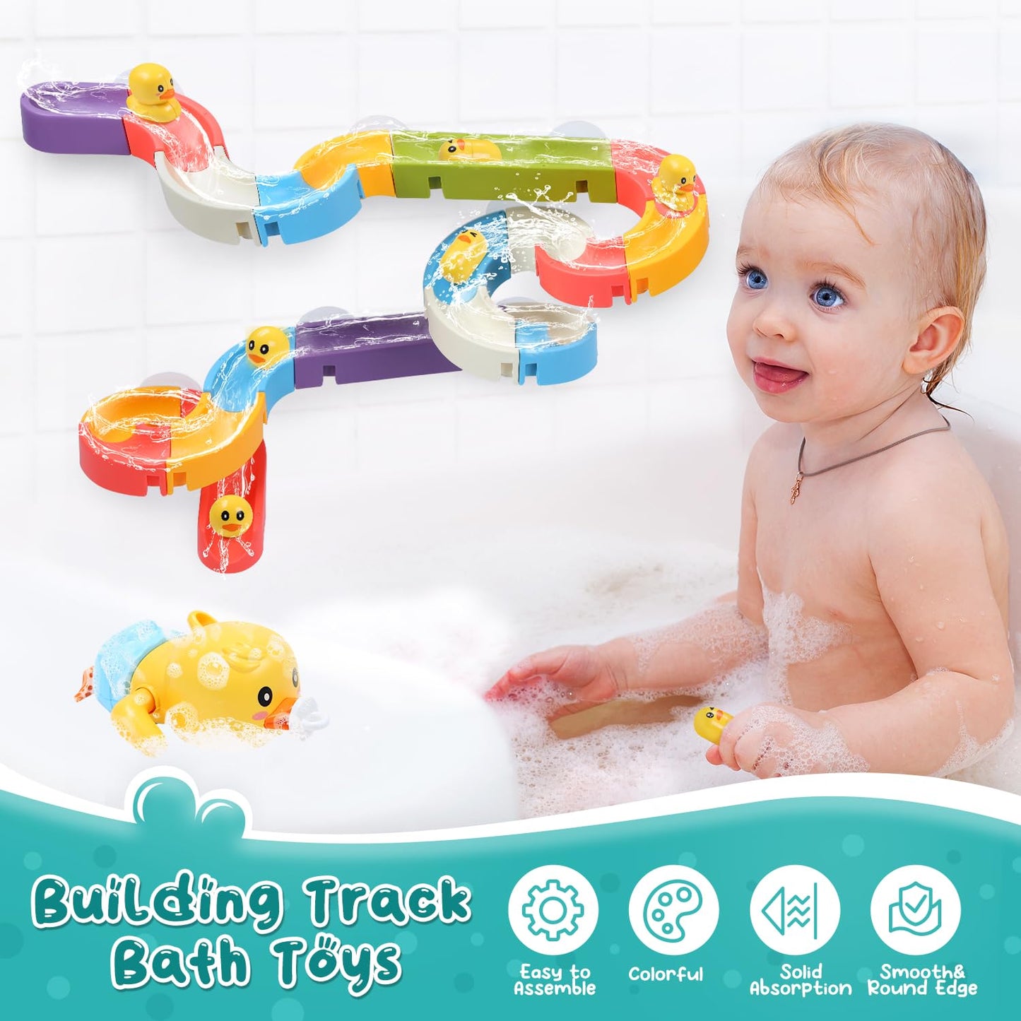 CUTE STONE Baby Bath Toys for Toddlers, Water Slide Building Track W/ Wind-Up Duck, Bathtub Toys for Kids, Water Pool Toys Gift for Boys Girls