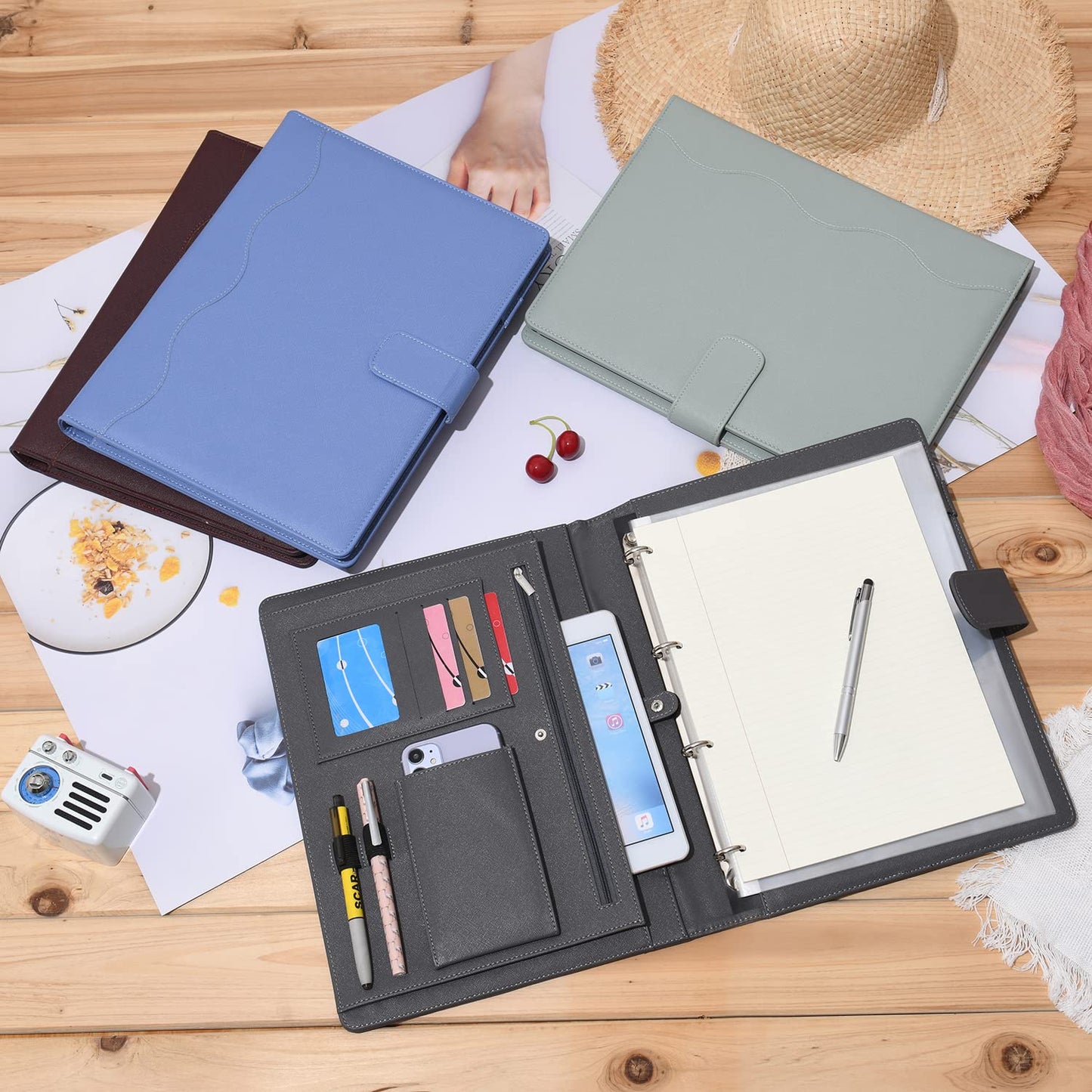Wonderpool A4 Leather 4 Ring Holder Writing Portfolio Multi Document Case with Removable Binder Clipboard and Functional Pocket for Organizer Office Travel School (Blue)
