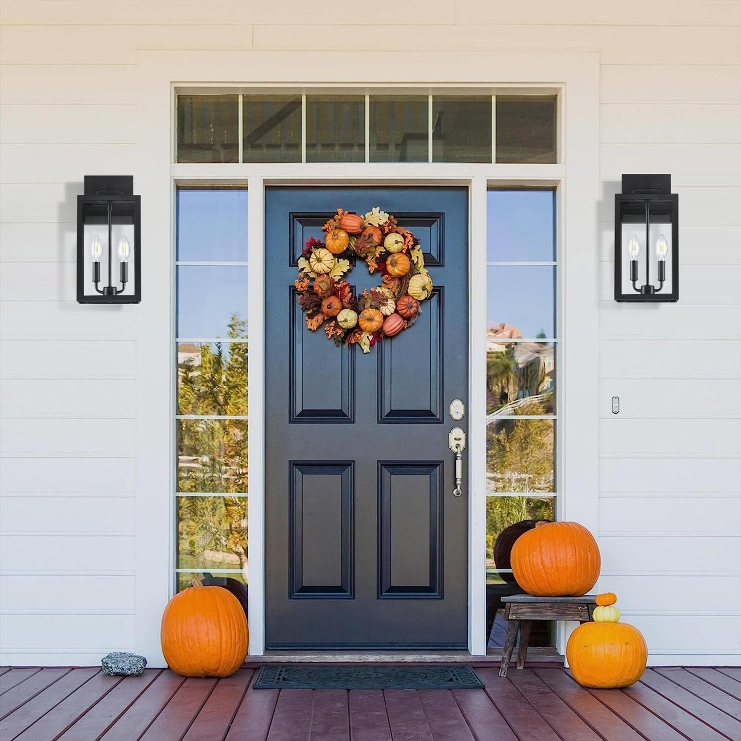 15.5" Black Outdoor Wall Lantern 2-Light, Outside Modern Wall Sconce Light Fixture, Industrial Porch Light Wall Mount with E12 Sockets, Waterproof Exterior Lamp Lighting, 1 Pack