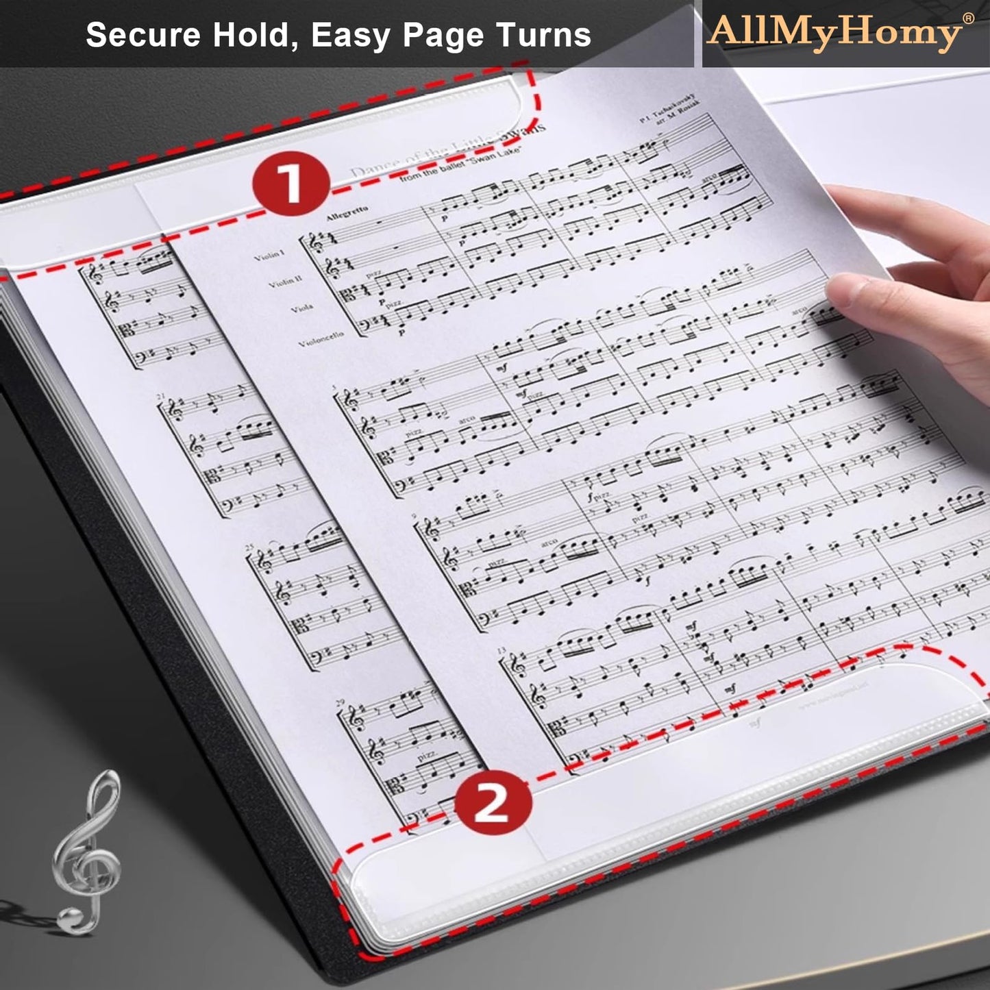 AllMyHomy 4-Page Expandable Sheet Music Folder, Tri-Fold Music Binder for Letter Size 8.5 x 11 & A4, 30 Sleeves/60 Pages, for Piano, Violin, Band & Orchestra, Black