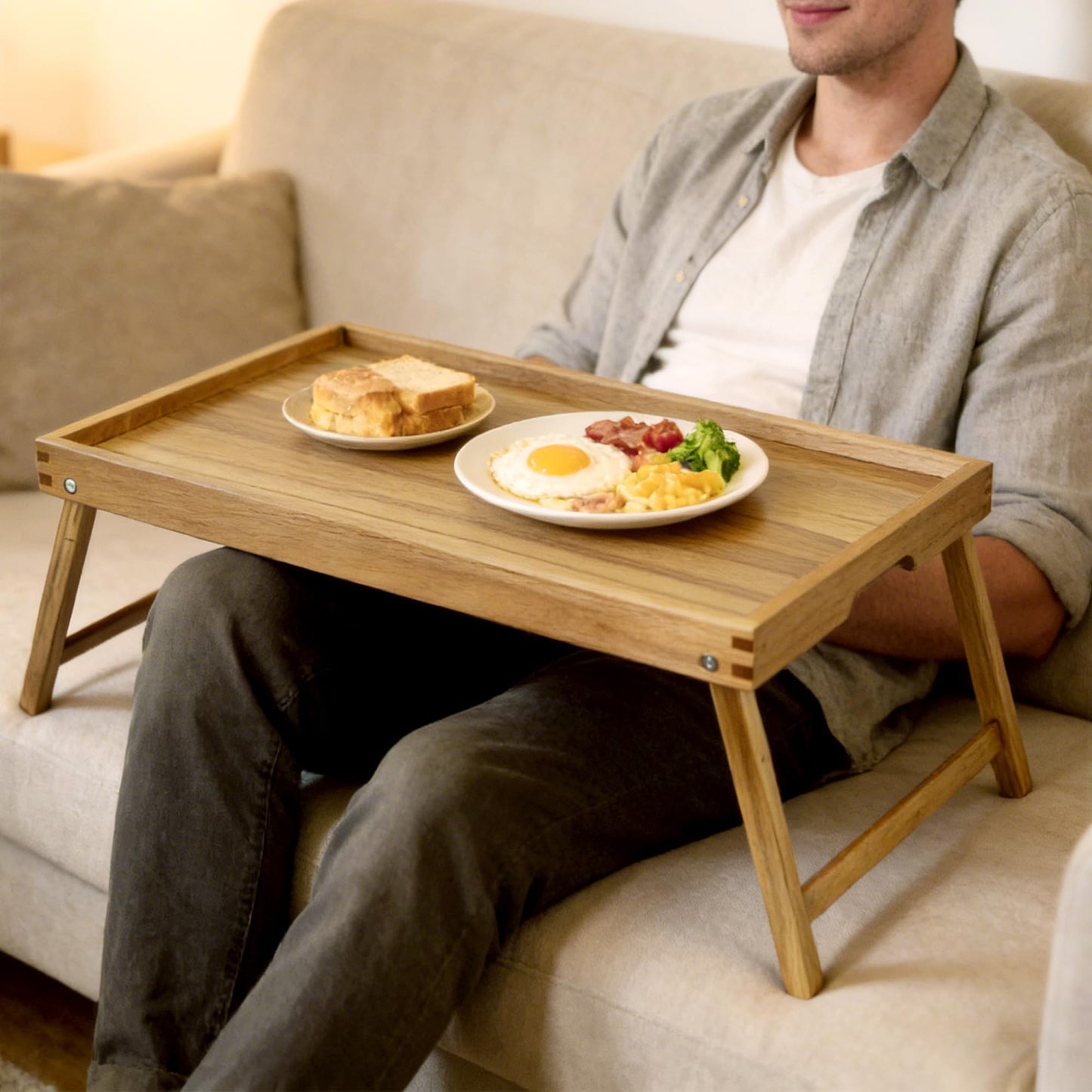 VaeFae Acacia Bed Table Tray, Wooden Breakfast Tray with Folding Legs, Bed Tray for Eating and Laptop, Eating Trays for Bedroom (Extra Large Size)