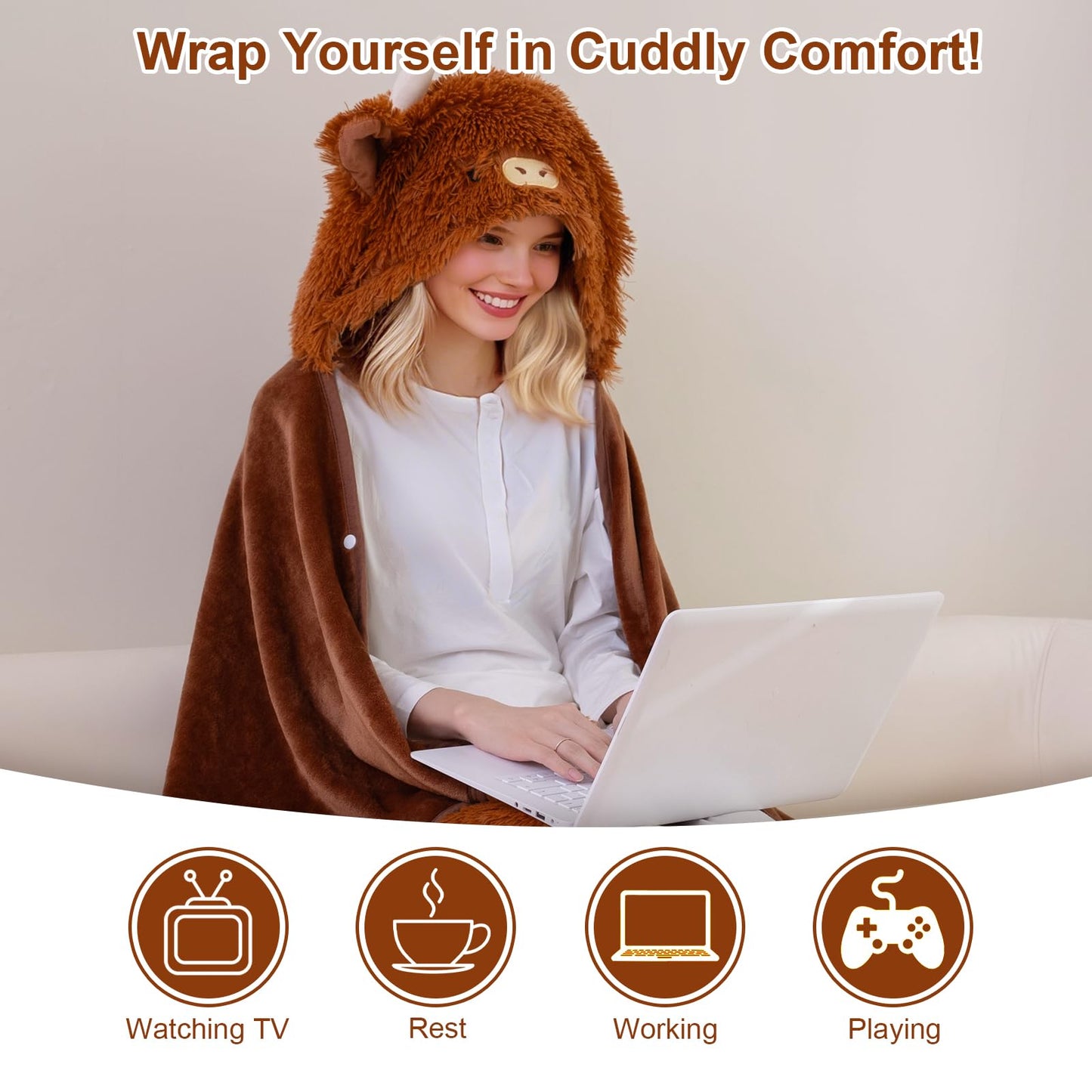 TOYSYM Highland Cow Hoodie Wearable Blanket Fluffy Highland Cattle Blankets 50 X 60" 860g Comfy Fuzzy Hooded Throw Blanket Christmas Birthday Gifts for Women 30S Mom Girlfriend Teen Girl Gifts