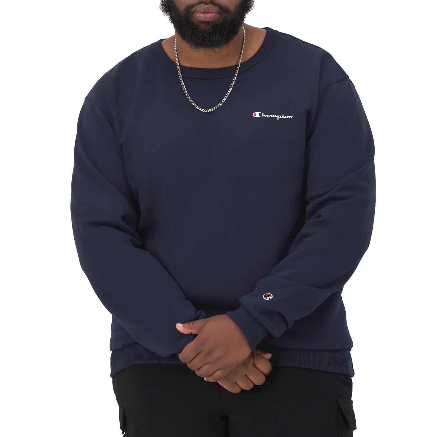 Champion Men's Sweatshirt, Powerblend, Fleece Midweight Crewneck Sweatshirt (Reg. Or Big & Tall), Navy Small - Small Script Logo, X-Large
