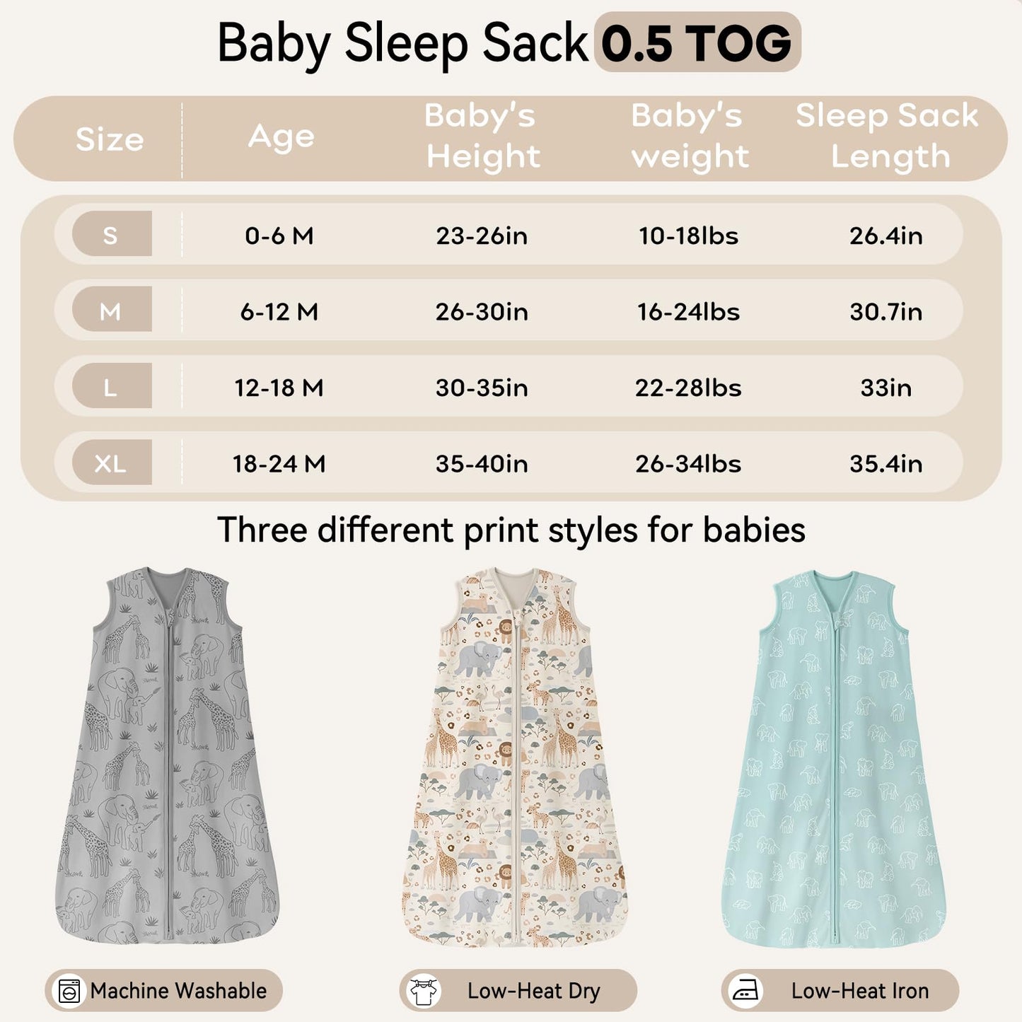 Unnivoll Baby Sleep Sack 18-24 Months 3 Pack 100% Cotton Lightweight 0.5 TOG Wearable Blanket Baby Sleep Bag with 2-Way Zipper for Newborn Infant Apricot Gray Green Elephant