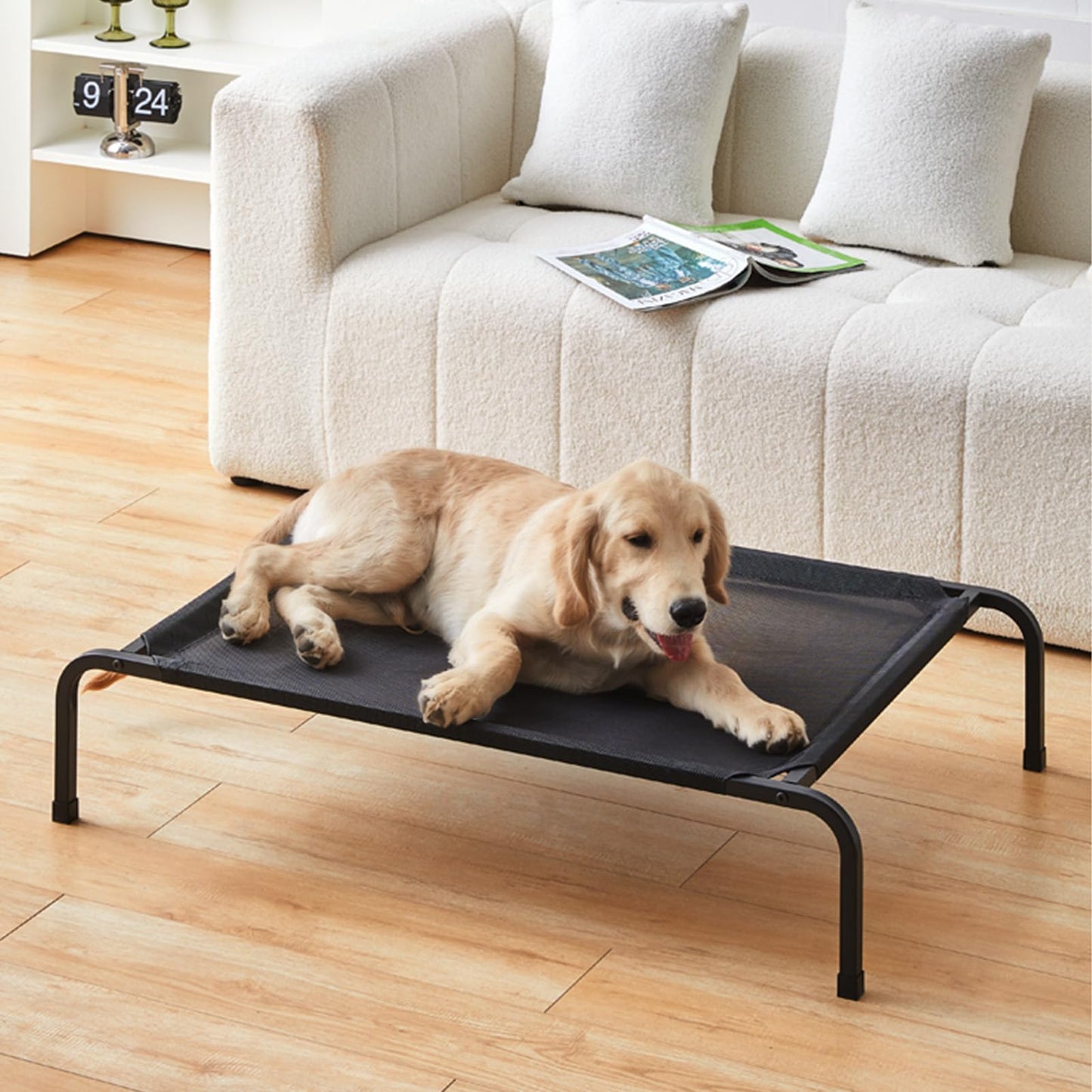 YolieraArt Raised Dog Bed for Medium Dogs, Elevated Outdoor Cot Bed Easy to Assemble with Durable Breathable Teslin Mesh, Chewproof Hammock Indoor Pet Bed (Black, M:35.5x23.5x7in)