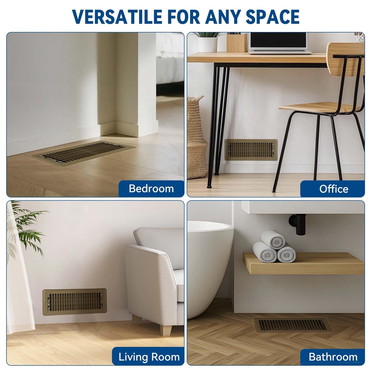 4" x 10" Floor Register Vent Covers 4-Pack, Walkable Powder-Coated Metal Vent Covers with Adjustable Airflow, Curved Safe Edges for Floor/Wall, Brown