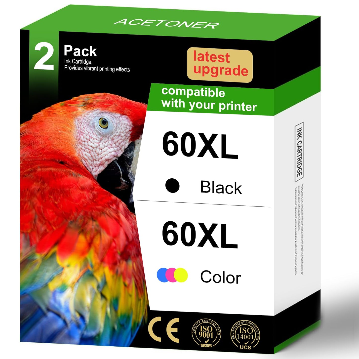 ACETONER 60XL Ink Cartridges Combo Pack Replacement for HP 60 60 XL High Yield Work for PhotoSmart C4780 C4680 C4795 C4640 Deskjet F4480 F4440 F2430 Envy 110 120 111 114 (1 Black, 1 Tri-Color)