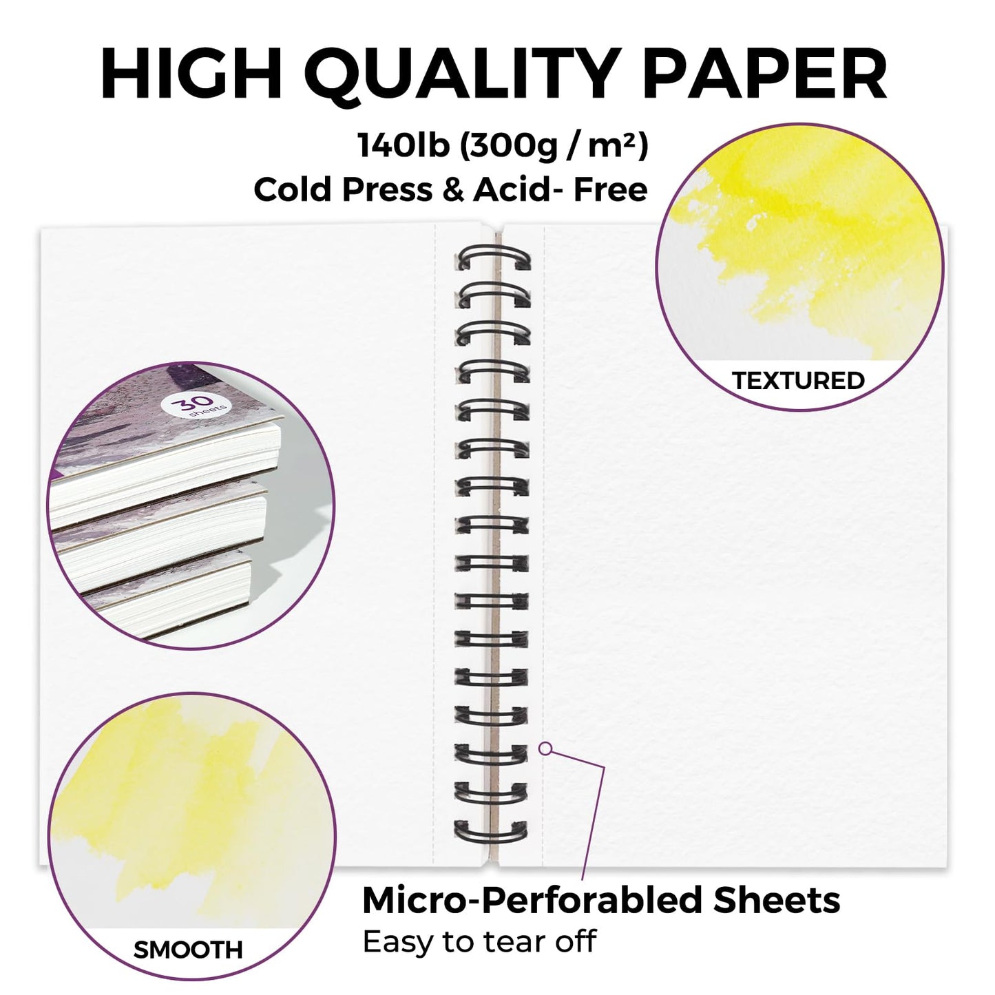 Funto Watercolor Pad 5.5x8.5", 3-Pack, 90 Sheets (140 lb/300 gsm), Double-Sided Cold Press Paper, Spiral Bound, Heavyweight Paper for Watercolor Painting, Ideal for Beginners, Artists and Professionals