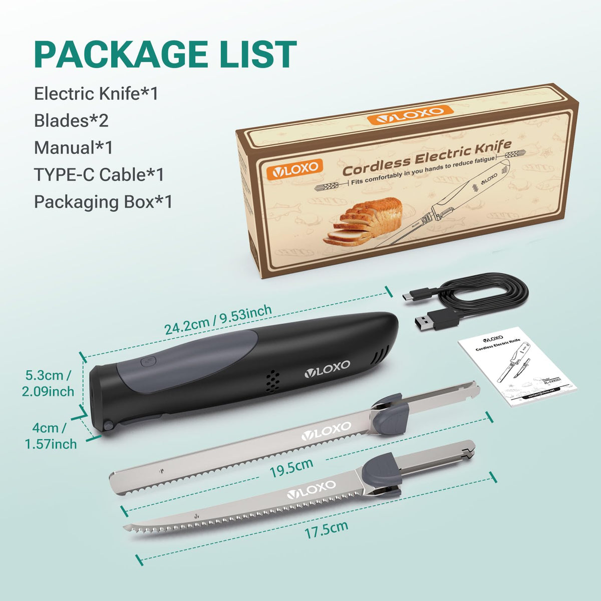 VLOXO Cordless Electric Knife, Rechargeable Electric Knife with 2 Ti-Nitride S.S. Coated Non-Stick Blades Non-Slip Handle Safety Lock Electric Carving Knives for Bread Turkey