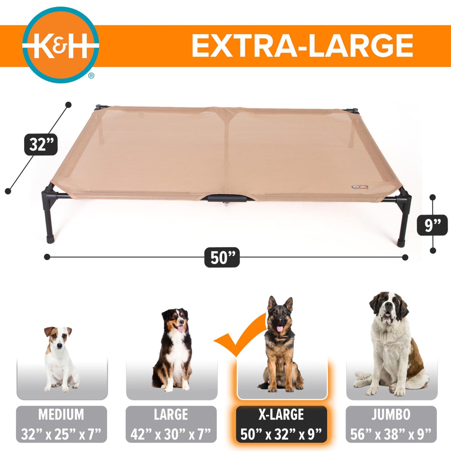 K&H Pet Products Outdoor Elevated Dog Cot, Cooling Raised Bed with Waterproof Breathable Mesh for Large Dogs, Portable Pet Bed with Heavy-Duty Metal Frame, Oversized Hammock Style - Extra-Large Tan