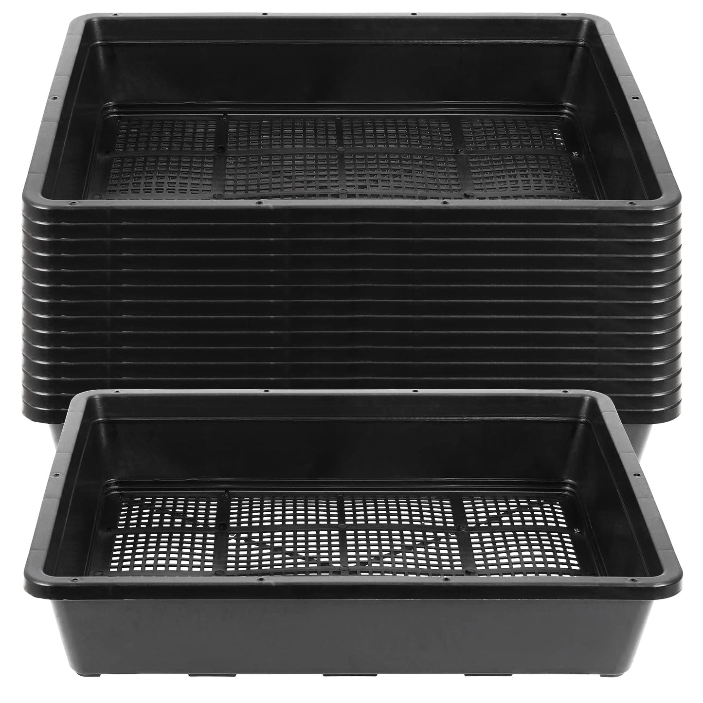 SINJEUN 15 Pcs 15 x 12 in Black Plastic Seedling Trays, Plant Growing Trays with Drain Hole, Sturdy Nursery Pots for Microgreen Plants, Wheatgrass, Hydroponic