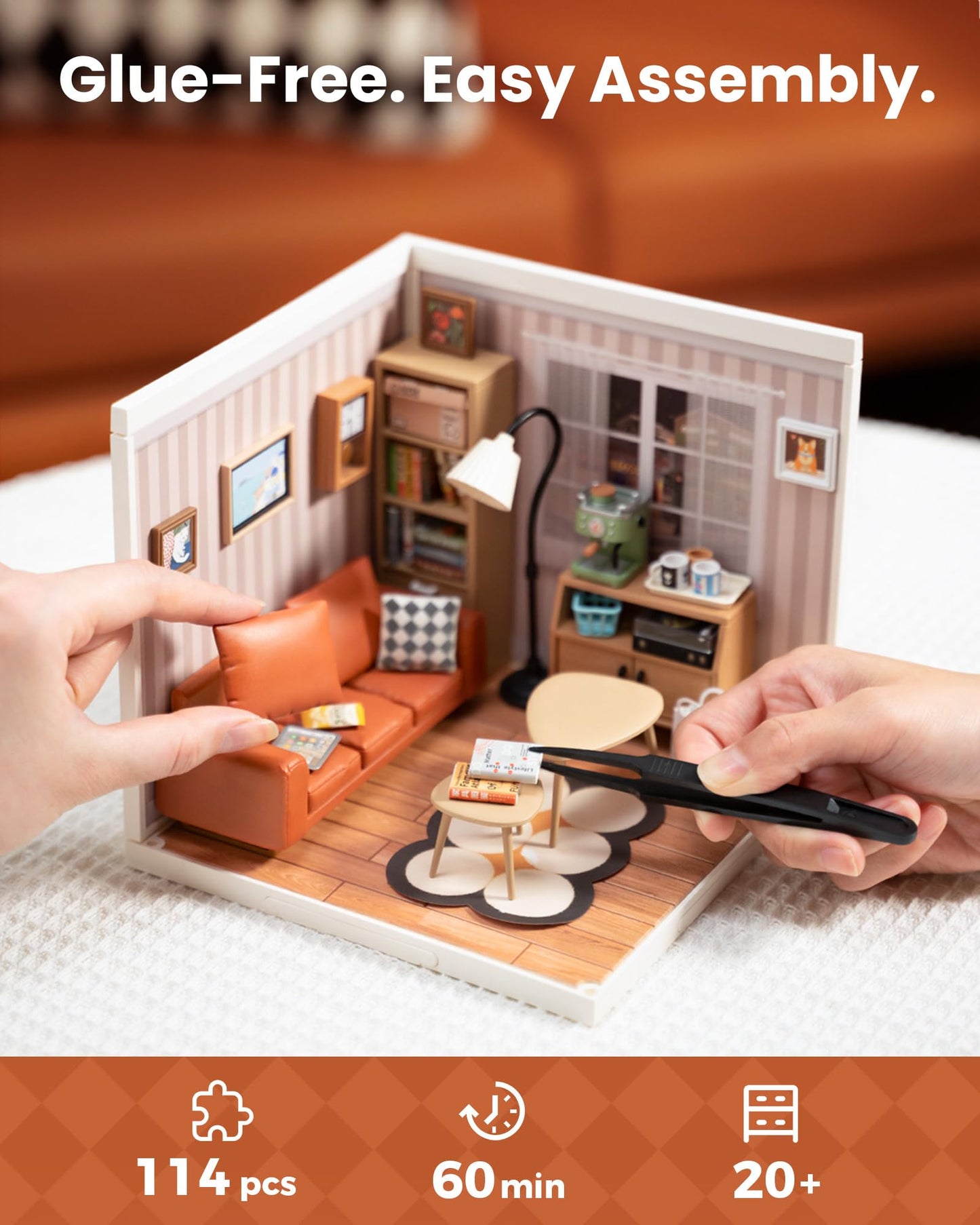 Rolife DIY Miniature Plastic House Building Set Toys Playset with LED Suitable for Mini Figures Construction Toys Diorama Kit Gifts for Adults (Cozy Living Lounge)