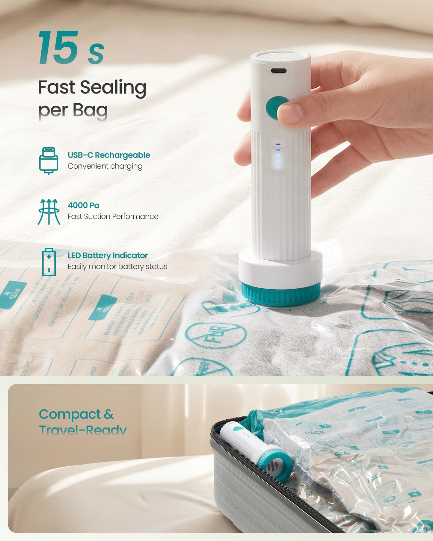 SONGMICS Vacuum Storage Bags, Rechargeable Portable Electric Pump, Space Saver Vacuum Seal Suction Bags for Clothing Travel Bedding Comforters, Reusable, 15 Pack, 3S/4M/4L/4J, Transparent ULVB203W101