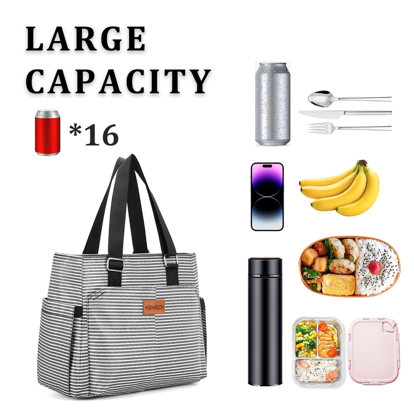 Large Women Lunch Bags for Work/Insulated Adult Lunch Box for Women/Leakproof Cooler Lunch Tote Bag with Storage Pocket. Reusable Lunch Cooler Purse for Work Picnic Hiking 12L, Stripe