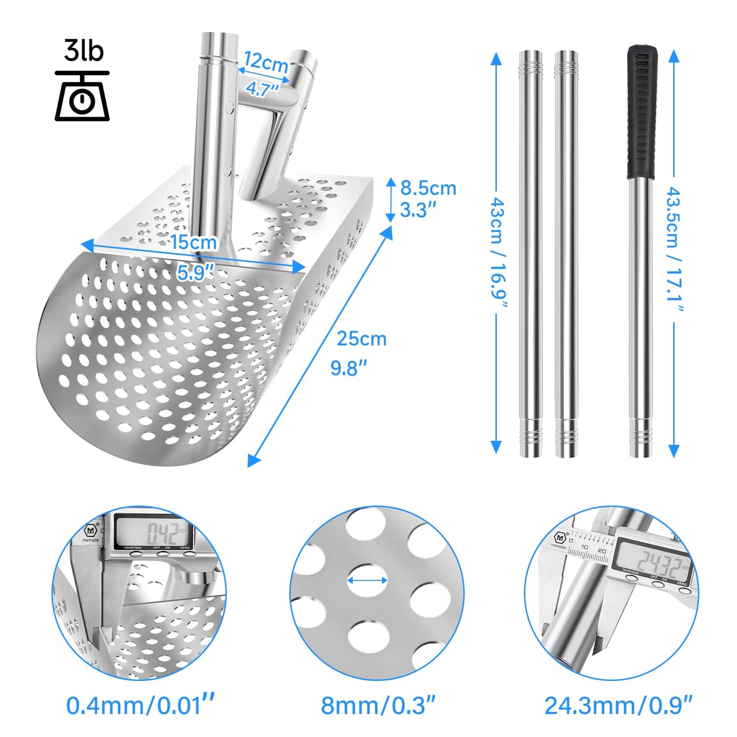 SAN LIKE Sand Scoop for Metal Detecting for Adult,Heavy Duty Metal Detector Scoop, Stainless Steel Beach Shovel,Detecting Tool,T Digging Shovel Fast Sifting Shovel（Bag + Sand Scoop+Sand Shovel）