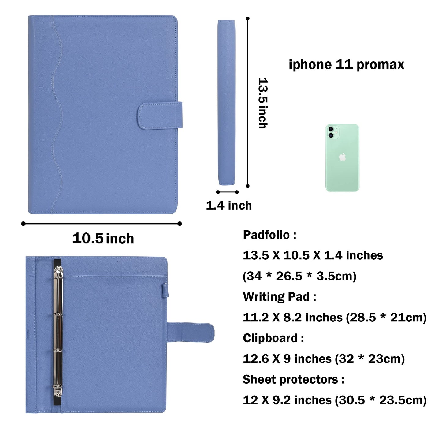 Wonderpool A4 Leather 4 Ring Holder Writing Portfolio Multi Document Case with Removable Binder Clipboard and Functional Pocket for Organizer Office Travel School (Blue)