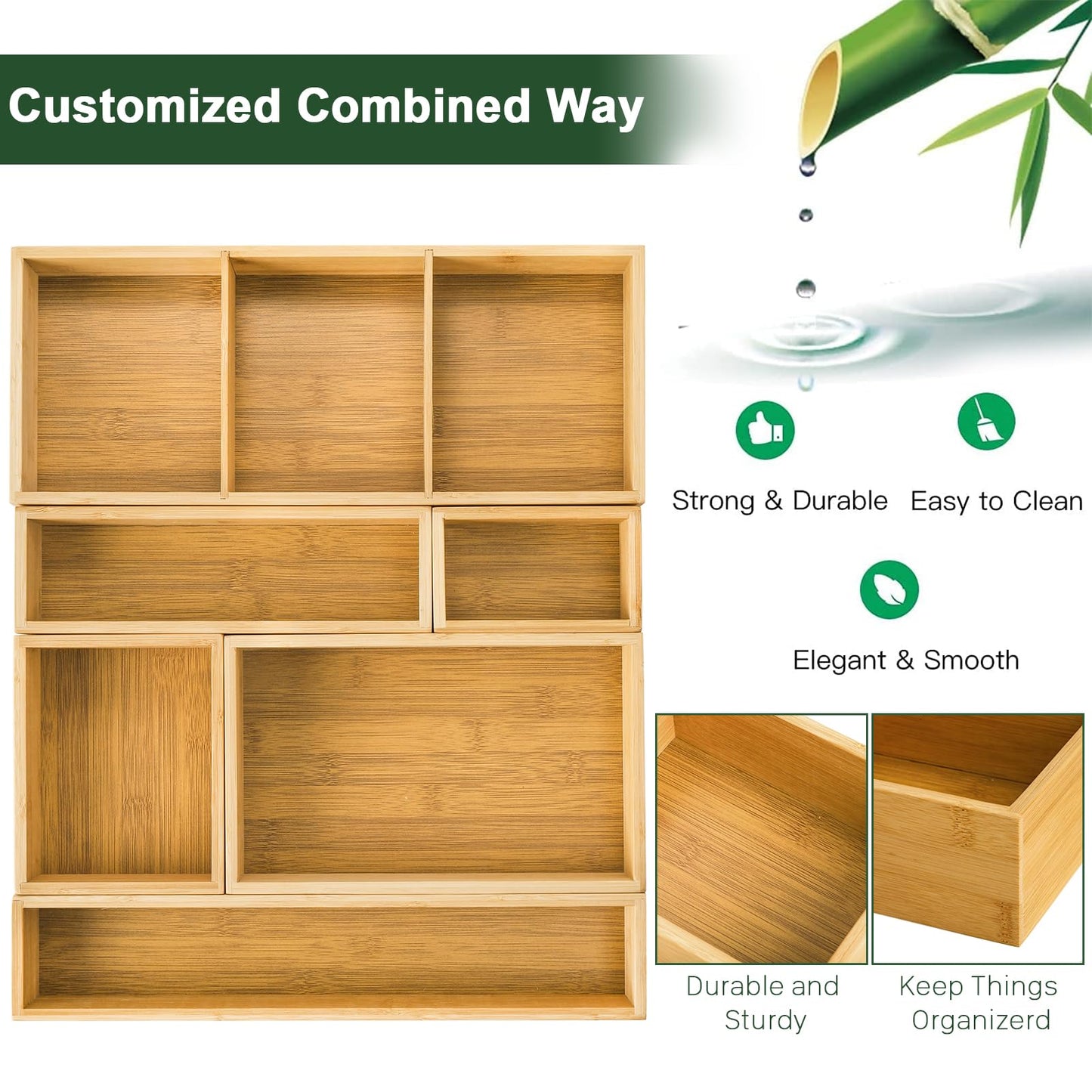 YOUEON Set of 6 Bamboo Drawer Organizers with Dividers Adjustable Multipurpose Storage Tray and Drawer Insert Box Bamboo Storage Boxes Divider Make-up Organiser for Home Office Kitchen Bedroom Desk