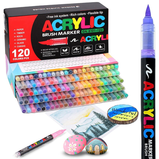 120 Colors Acrylic Paint Markers, Soft Brush Tip Acrylic Paint Pens, Waterproof Coloring Art Markers for Wood, Metal, Ceramic, Fabric, Stone, Egg, Rock Painting and DIY Art Crafting