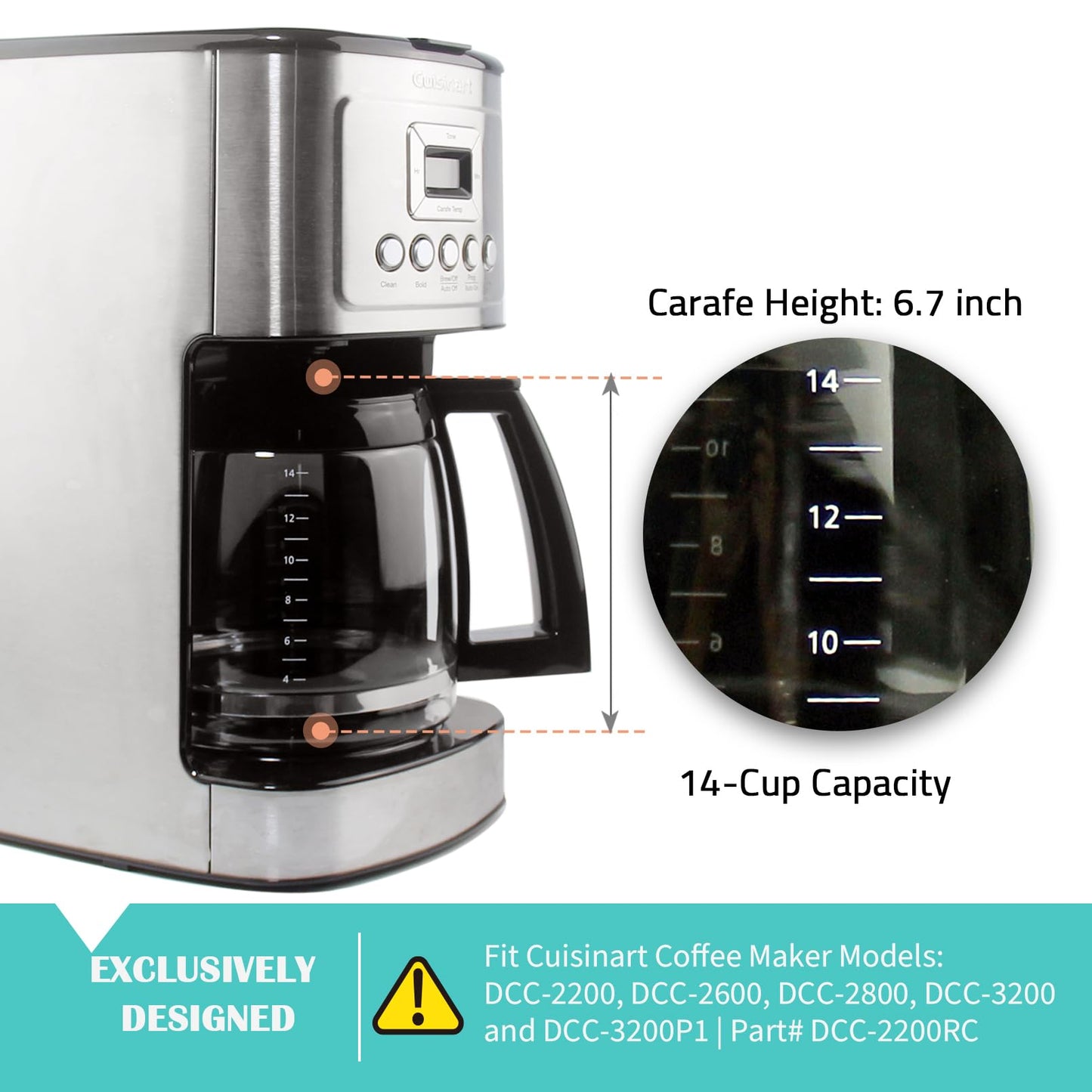 14-Cup Glass Replacement Coffee Carafe Compatible with Cuisinart Coffee Maker Models DCC-2200, DCC-2600, DCC-2800, DCC-3200, and DCC-3200P1, Coffee Pot Decanter Pitcher, Black Handle