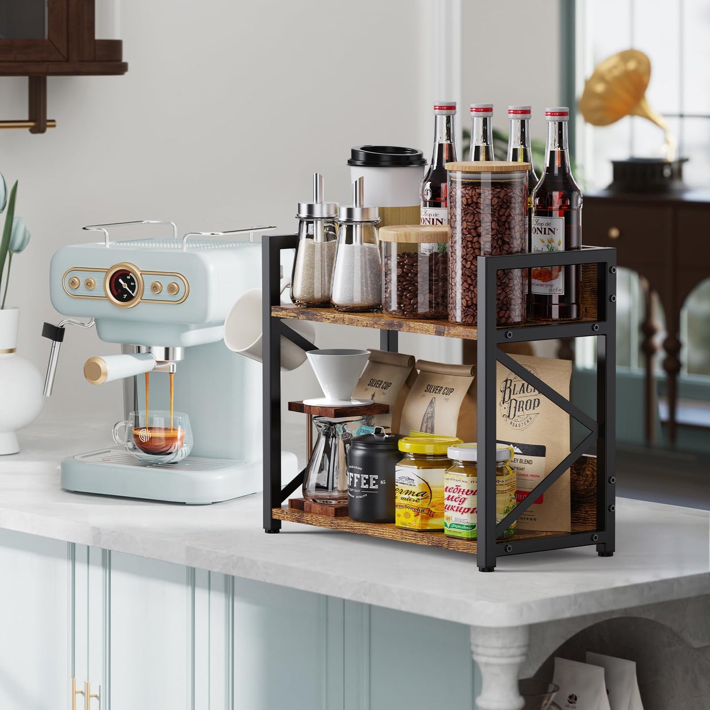 2 Tier Kitchen Counter Shelf Organizer, Coffee Bar Station Organizer for Countertop，Space Saving Spice Rack, Desk Shelf Riser, Coffee Bar Accessories