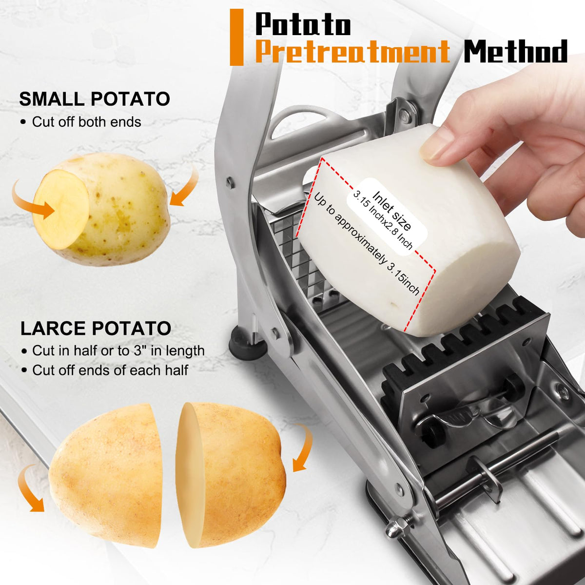 French Fry Cutter, Stainless Steel Potato Cutter, Potato Slicer, Includes 2 Blade Size Cutter Options and No-Slip Suction Base, Perfect for use with Air Fryer