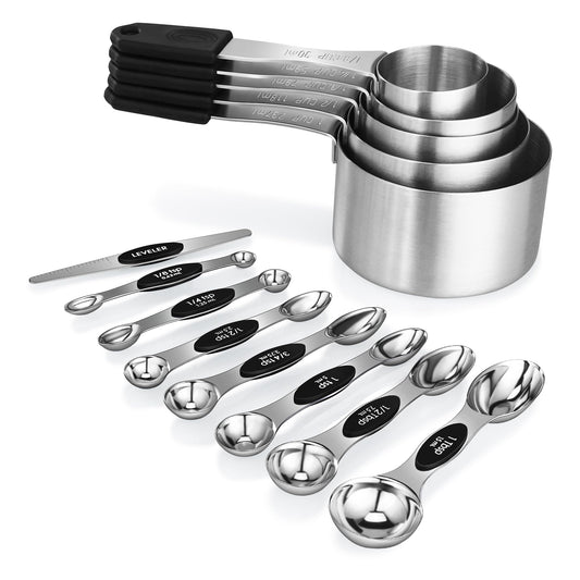 Magnetic Measuring cups and spoons Set, 5 Stainless Steel Magnetic Measuring Cup and 8 Double Sided Measuring Spoons with 1 Leveler，Kitchen Gadgets for Cooking & Baking