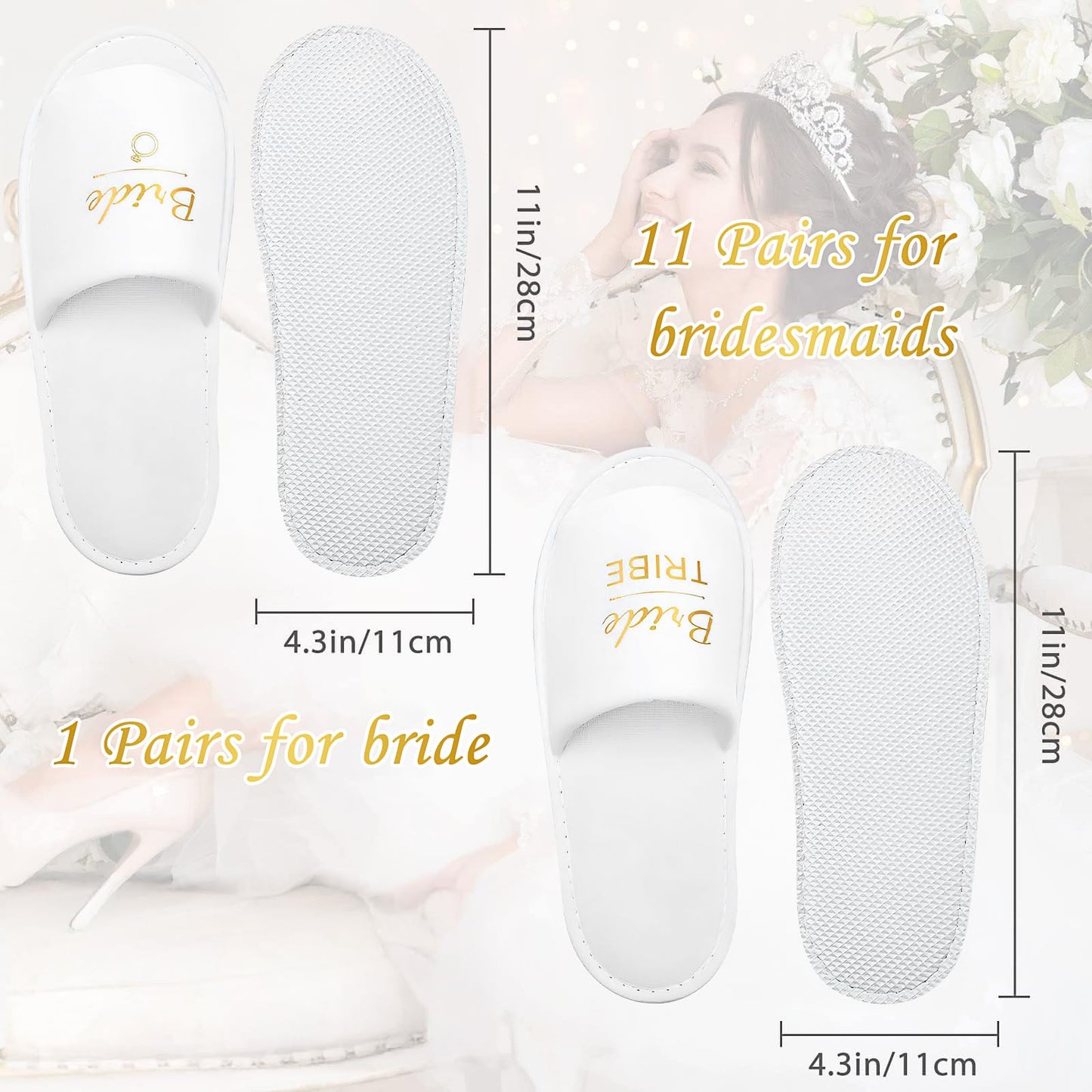 12 Pairs Wedding Slippers, White Bridesmaid Slippers Bridal Party Slipper Set, Disposable Hotel Slipper Bulk for Wedding Day Bridal Women Bachelorette Party Favor