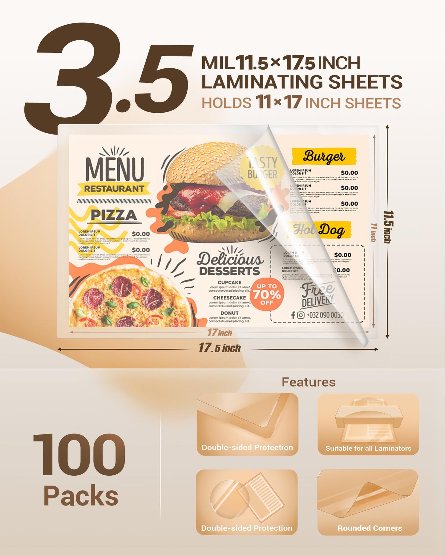 Uinkit 3.5 Mil 100 Pack Clear Thermal Laminating Pouches, 11.5 x 17.5-Inch Lamination Pouches Paper, Fits 11 x 17 Inch Laminator Sheet, Rounded Corner