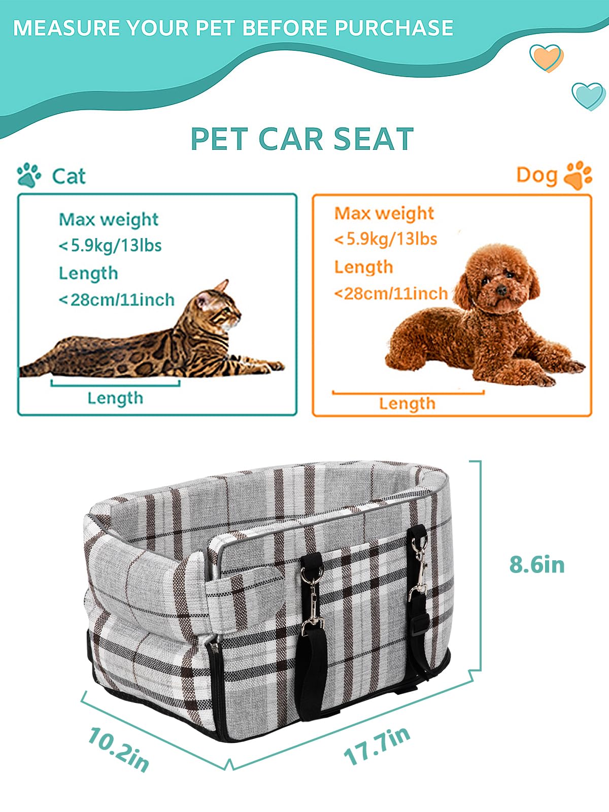 Prpeko Small Dog Car Seat, Portable Dog Seat with Soft Washable Cushion,Center Console Dog Car Seat for Small Dogs Up to 13lbs(Grid Grey)