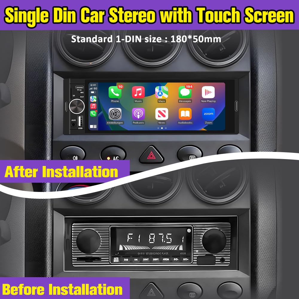 Pyniro Single Din Car Radio with 6.36" IPS Touchscreen, Wireless CarPlay & Android Auto, Backup Camera, Bluetooth, External Mic, USB/TF/FM Support