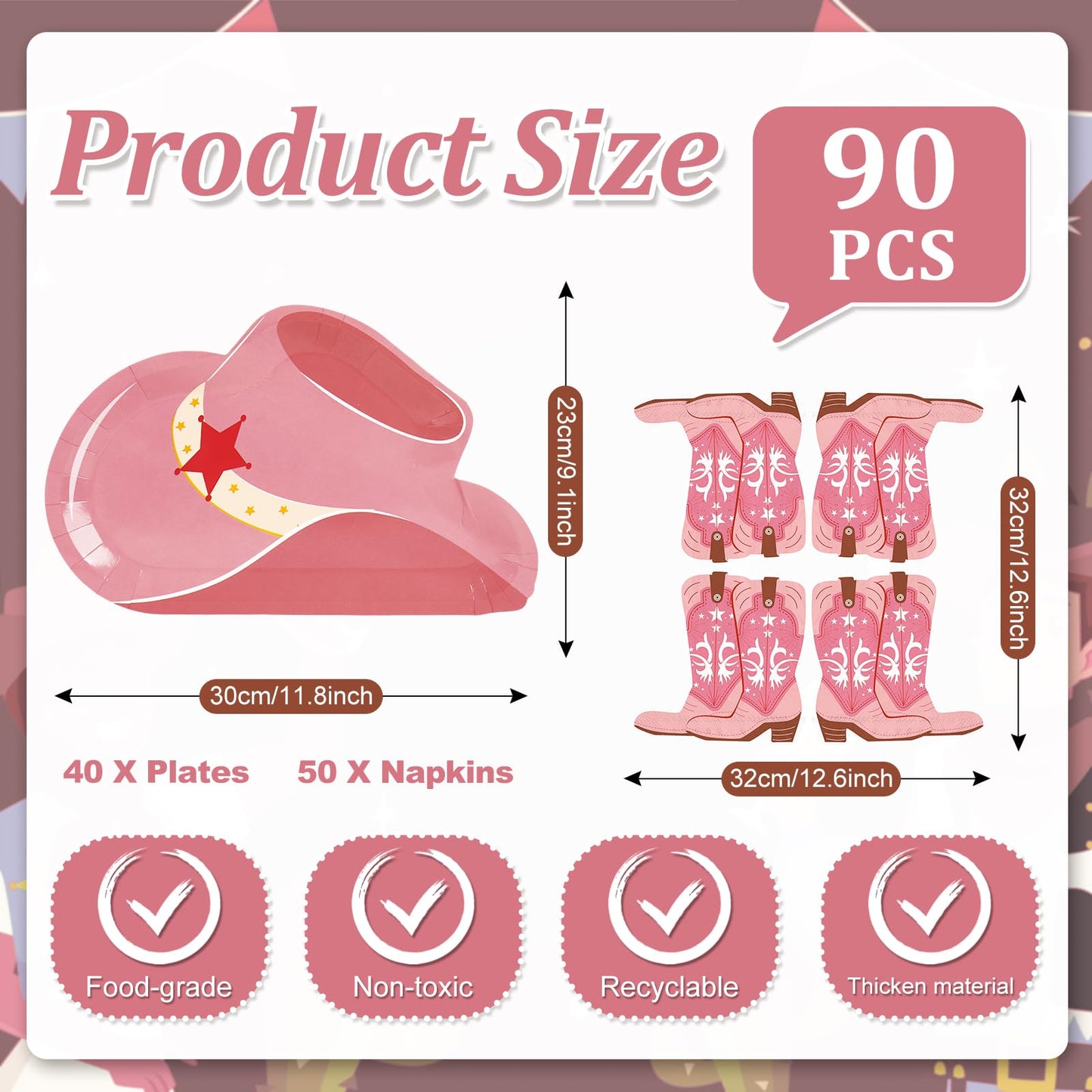 Whaline 90Pcs Pink Western Cowgirl Party Supplies Cowgirl Hat Plates Boot Print Napkins for Birthday Bachelorette Last Rodeo Party, Serves 40