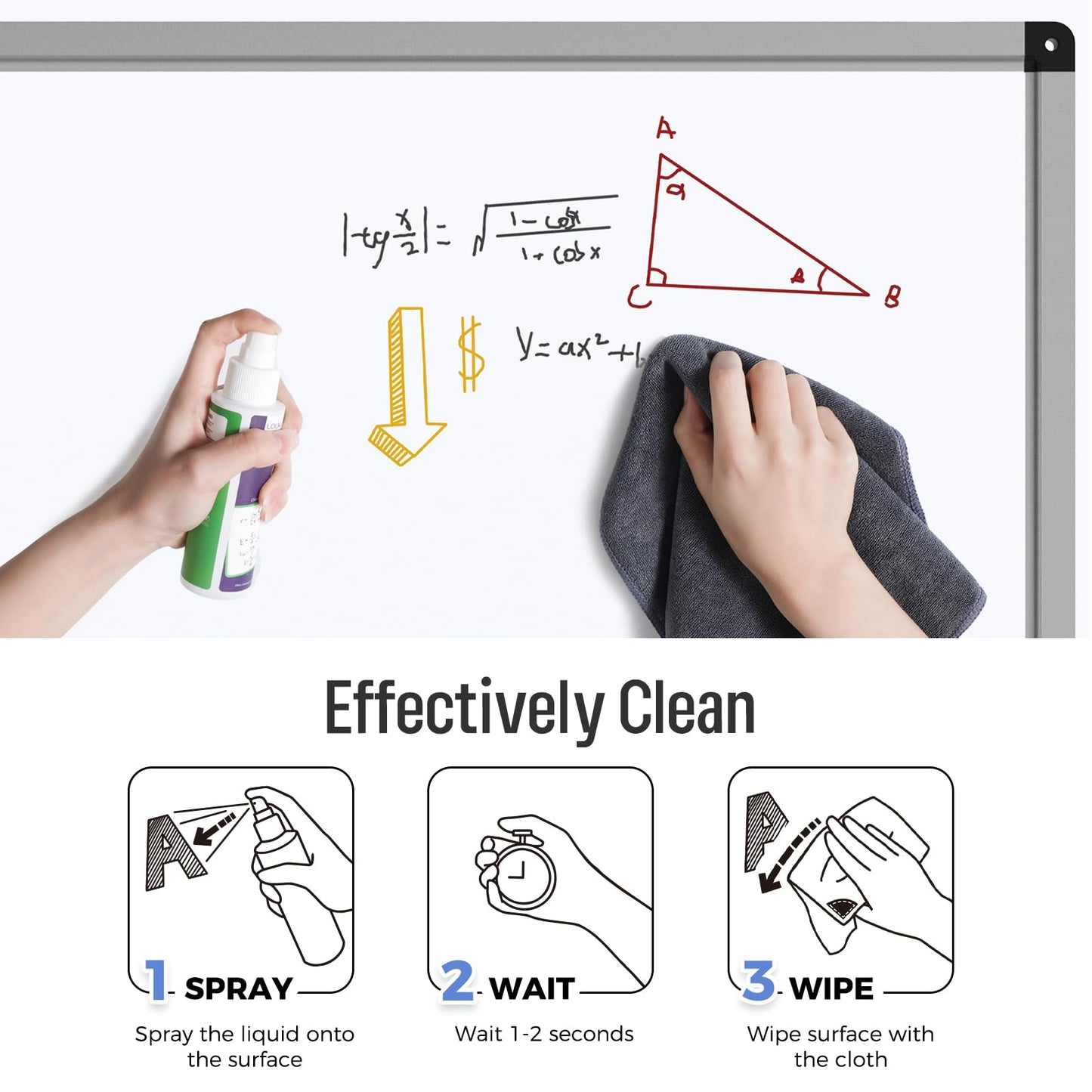 loukin 4 Pack Magnetic Cleaning Cloth, Microfiber Dry Erase Eraser, Washable Whiteboard Cleaning Cloth for Classroom, Home and Office, Gray, 12" x 12" - 3.4 fl oz Whiteboard Cleaner x 2 Included