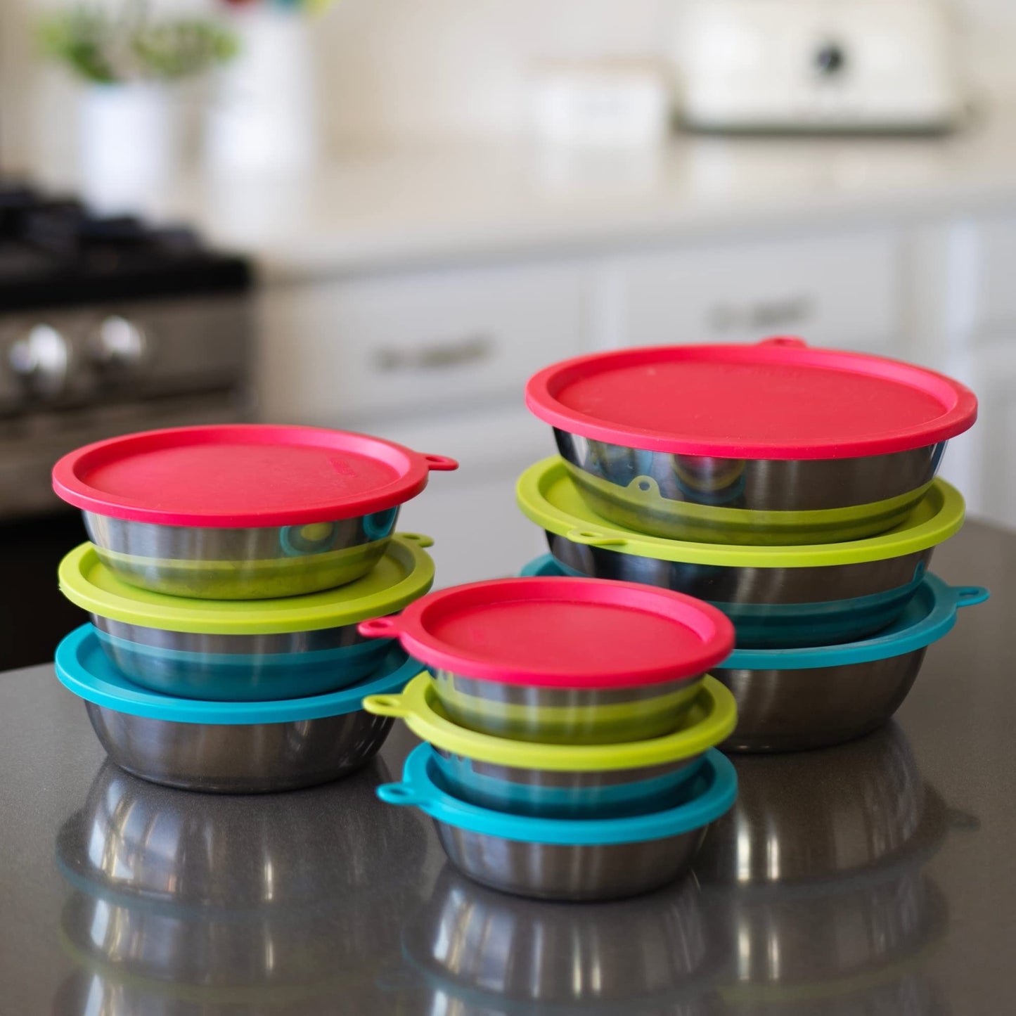 Messy Mutts 6-Piece Set | Three Stainless Steel Bowls and Three Colorful Silicone Lids | Sealable Travel Containers | Portable Food/Water Dishes for Pets | Extra Large, 6 Cups