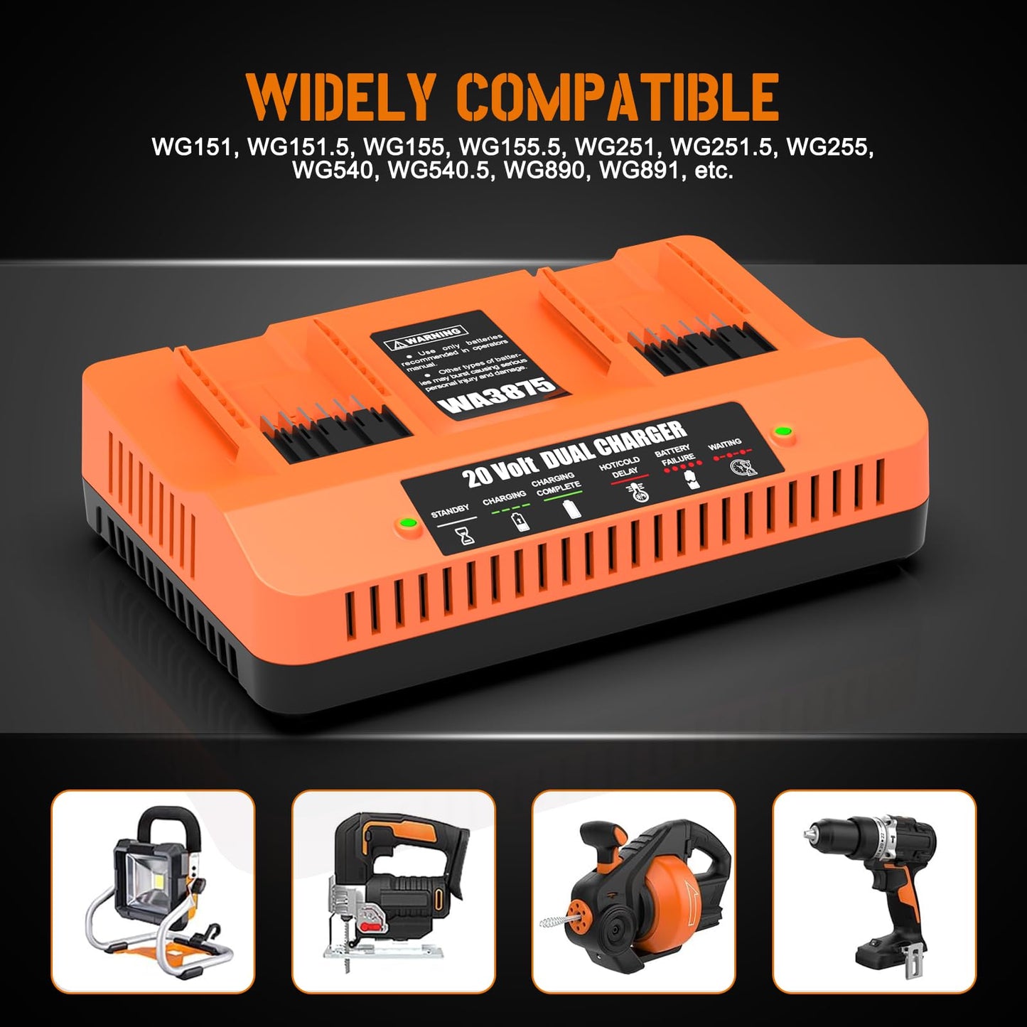 BECDXPal 20V WA3875 Charger Replacement for Worx 20V Battery Charger Compatible with Worx 20V Batteries WA3522 WA3525 WA3544 WA3757 WA3575