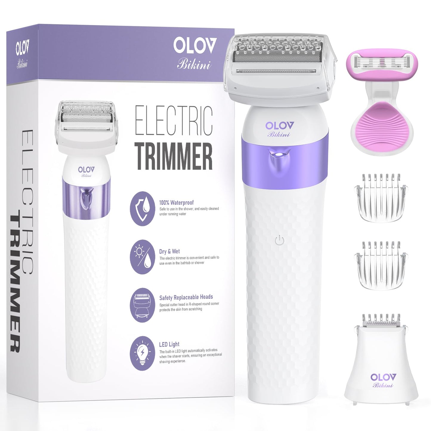 Bikini Trimmer for Women, IPX7 Waterproof Wet & Dry Electric Razors for Women, Bikini Legs Underarm Pubic Hairs Rechargeable Electric Shaver with 2 Trimmer Heads and Travel Razors