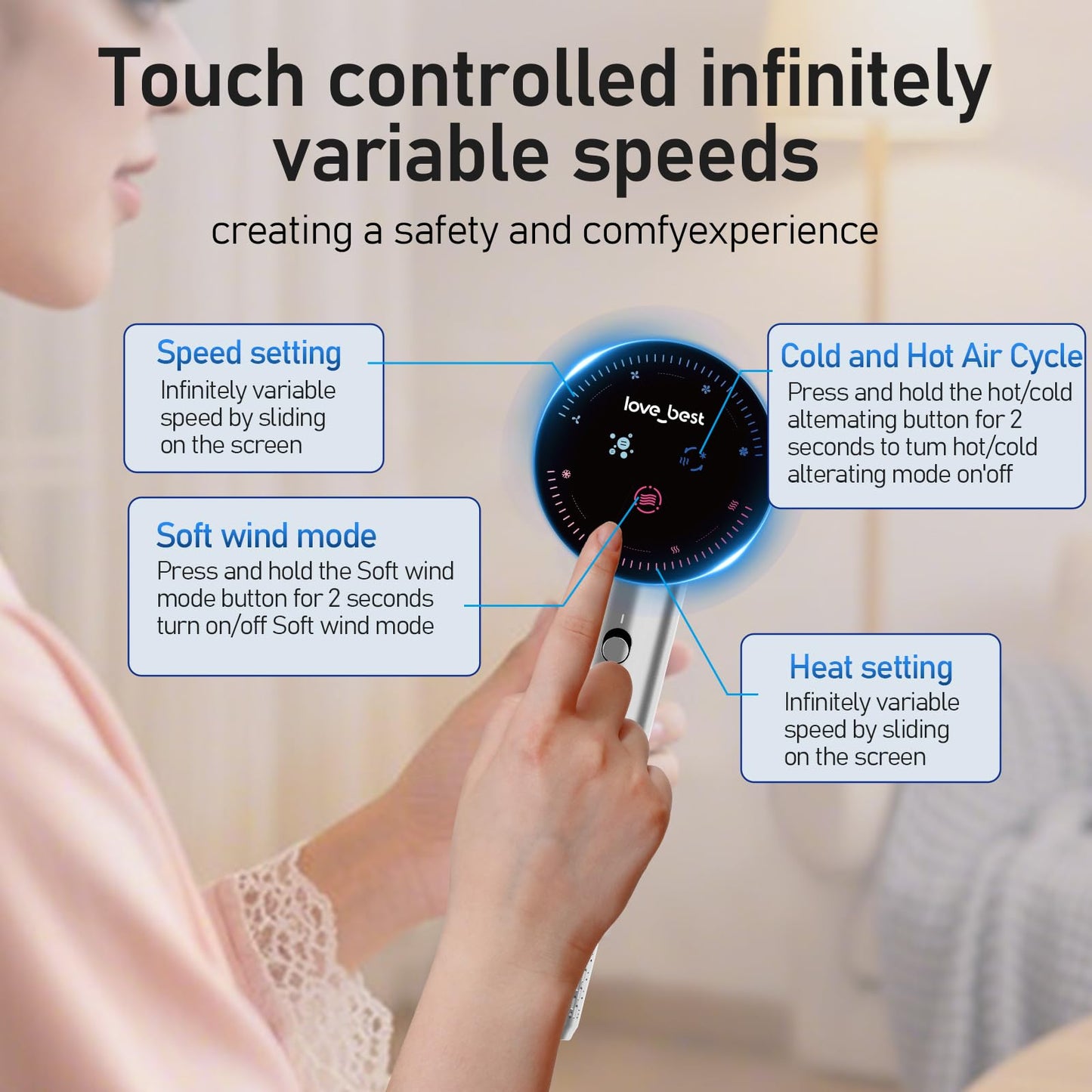 LCD Touch Screen High Speed Hair Dryer,1300 Million Plasma ions Blow Dryer with Diffuser，1 Minute Fast Drying Hair Dryer with 110,000 RPM Low Noise Brushless High Speed Motor(Leading 160000 RPM motor among competitors) Screen Touch Pad Control,for Travel