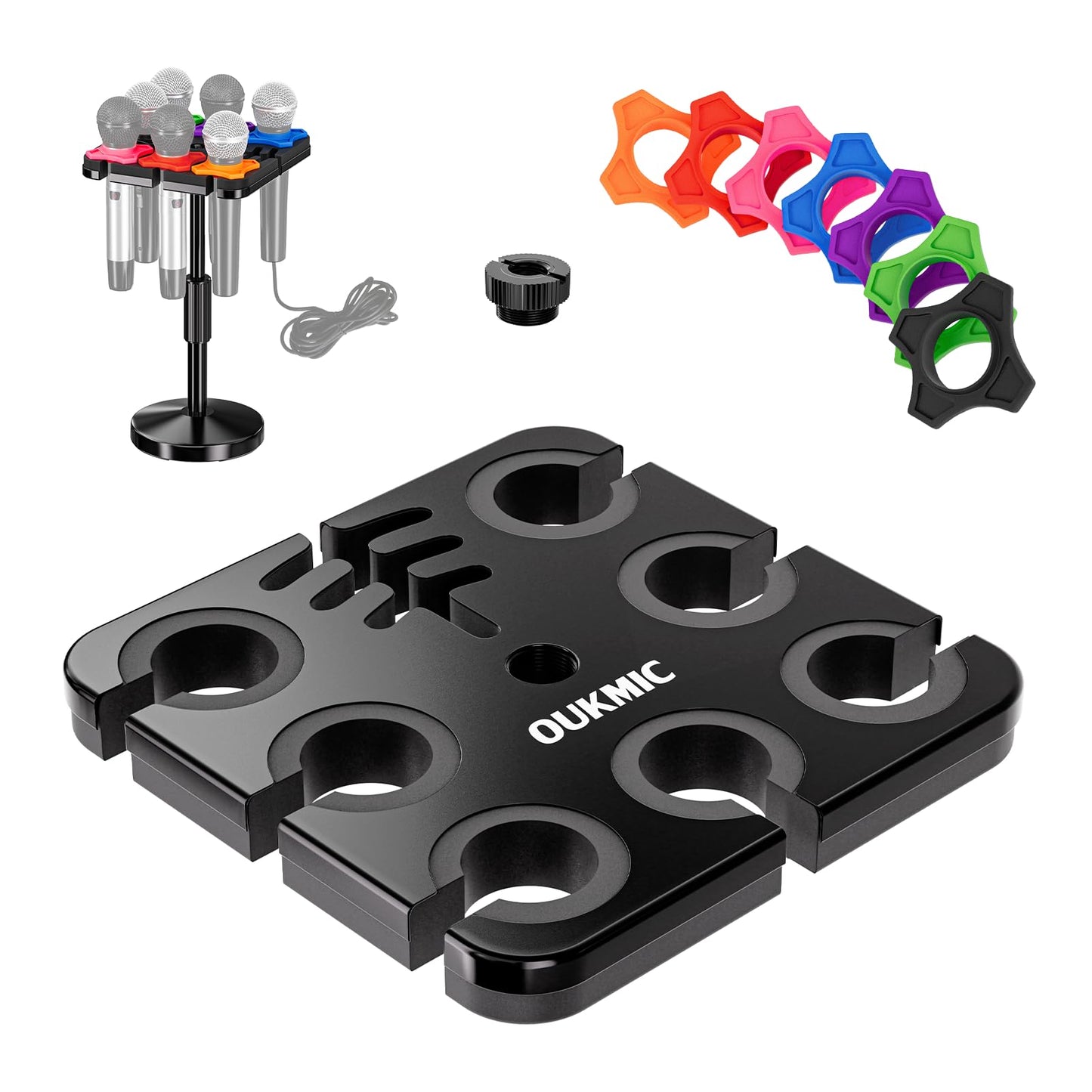 OUKMIC Multi Microphone Holder with Desktop Mic Stand, Square Tray with Cable Slots Holds Up to 7 Mics, Wired and Wireless Mic Holder for Stage Organizer and Display-7 Anti-roll Rings Included
