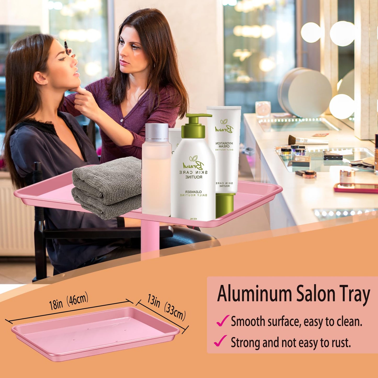 Niuadage Pink Salon Tray on Wheels, Height Adjustable 28-44 Inches, Aluminum, Hair Stylist & Color Tray, Dental & Tattoo Tray