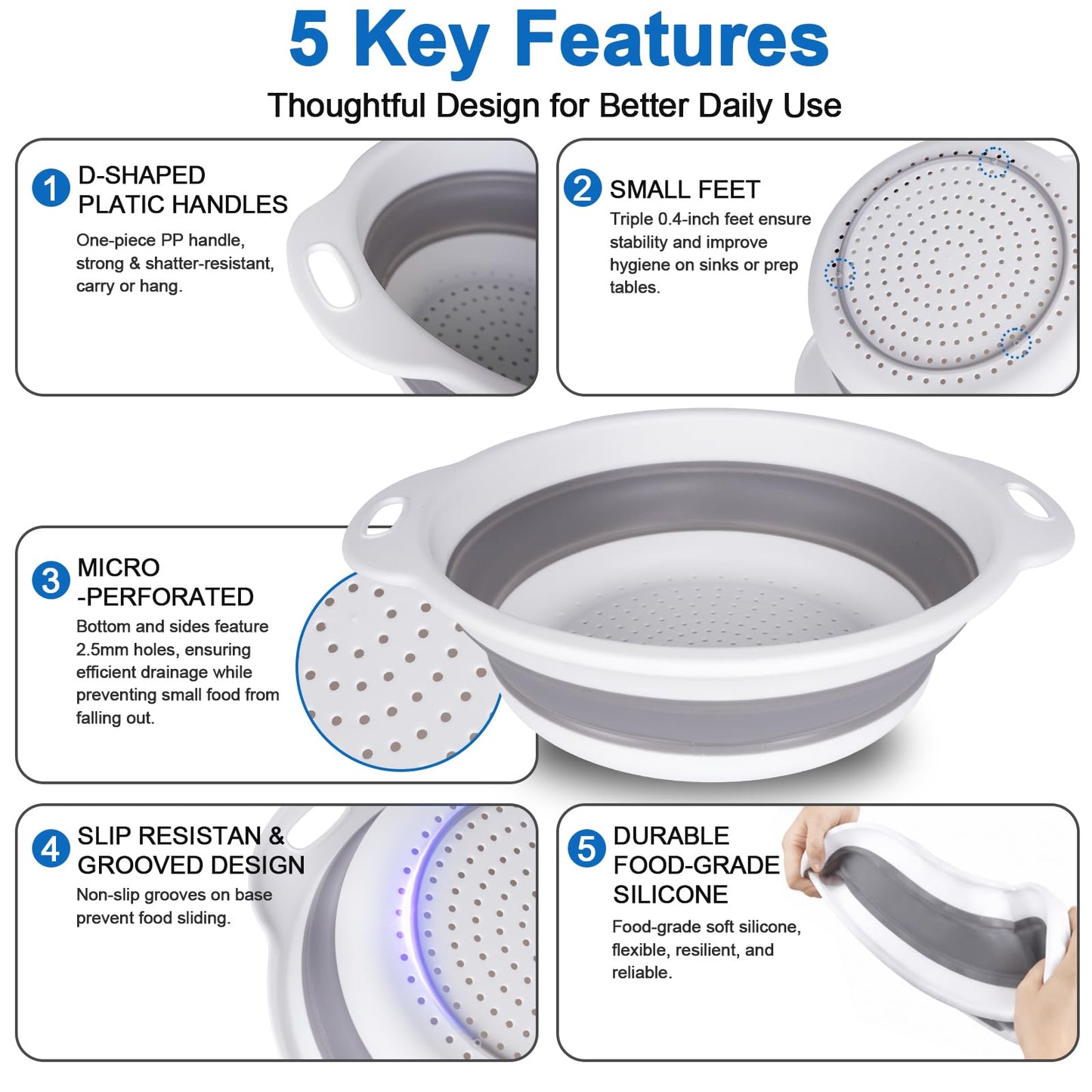 ECHOSAMEN Kitchen Collapsible Colander Set with Draining Base, Edge of Sink Strainer - Space-Saving Food-Grade Silicone Basket with D-Handle for Draining & Rinsing Pasta, Fruits, Vegetables(White)