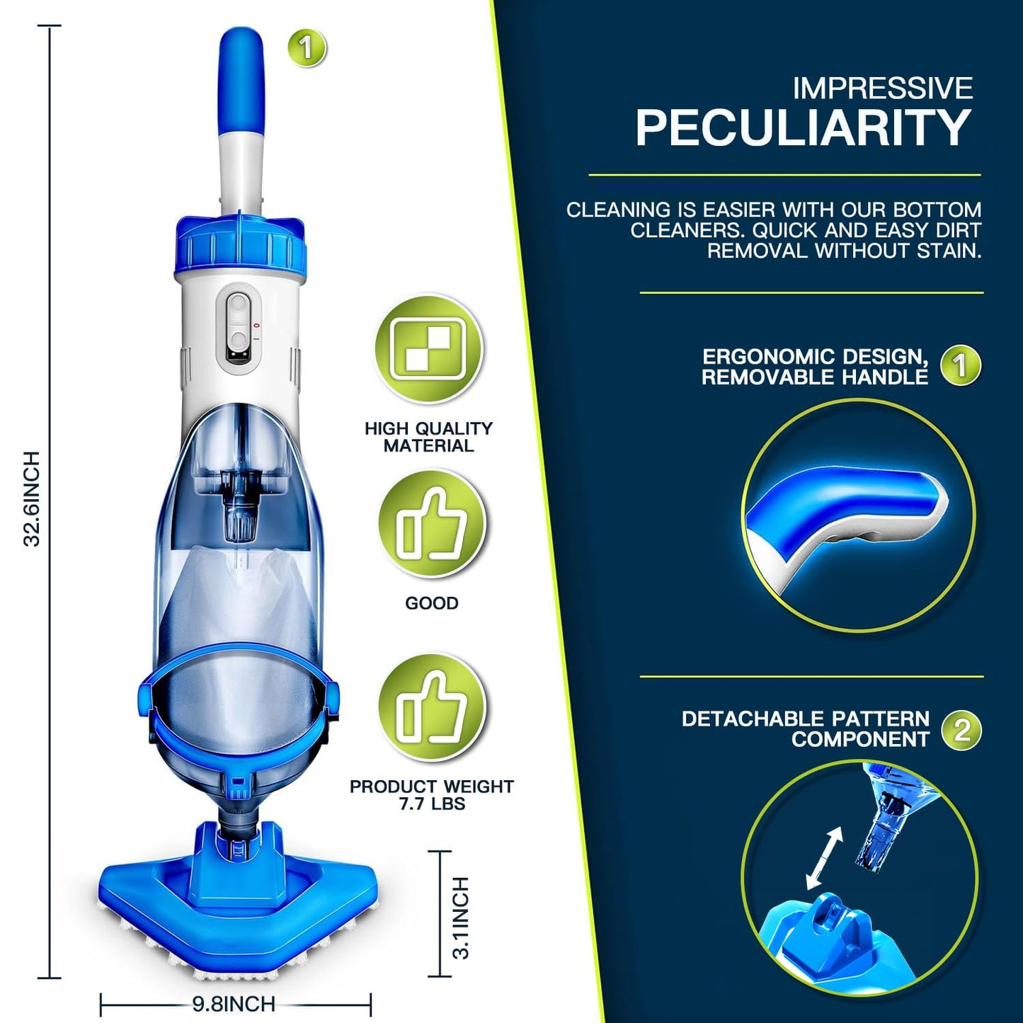 Cordless Handheld Pool Vacuum, Rechargeable Pool Cleaner for Above Ground Pool, Hot Tub and Spa, 60 Mins Running Time, 18 Gal/Min Suction, 60”Extendable Pole for Leaves, Debris, Shallow Steps