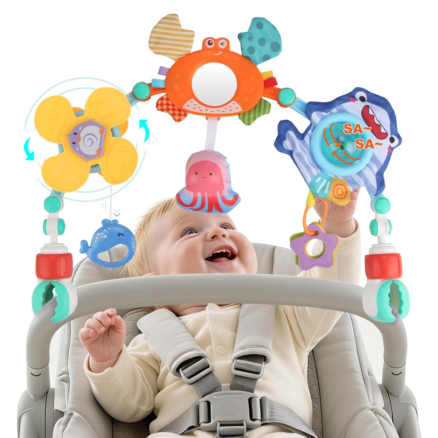 Joyfia Baby Stroller Arch Toy, Newborns Sensory Activity Arch Toy with Teethers, Rattle, Mirror & Windmill, Crib Car Seat Toys for Infants Toddlers 0-12 Months, Developmental Gifts for Boys Girls